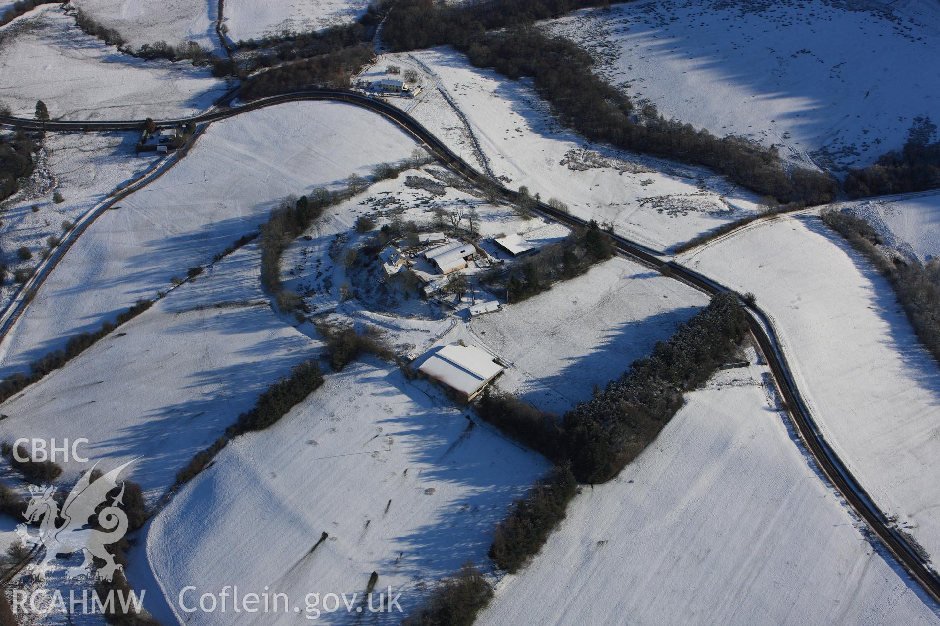 Colwyn Castle, the Roman fort at Colwyn Castle and Fforest farm, Glascwm, north east of Builth Wells. Oblique aerial photograph taken during the Royal Commission?s programme of archaeological aerial reconnaissance by Toby Driver on 15th January 2013.