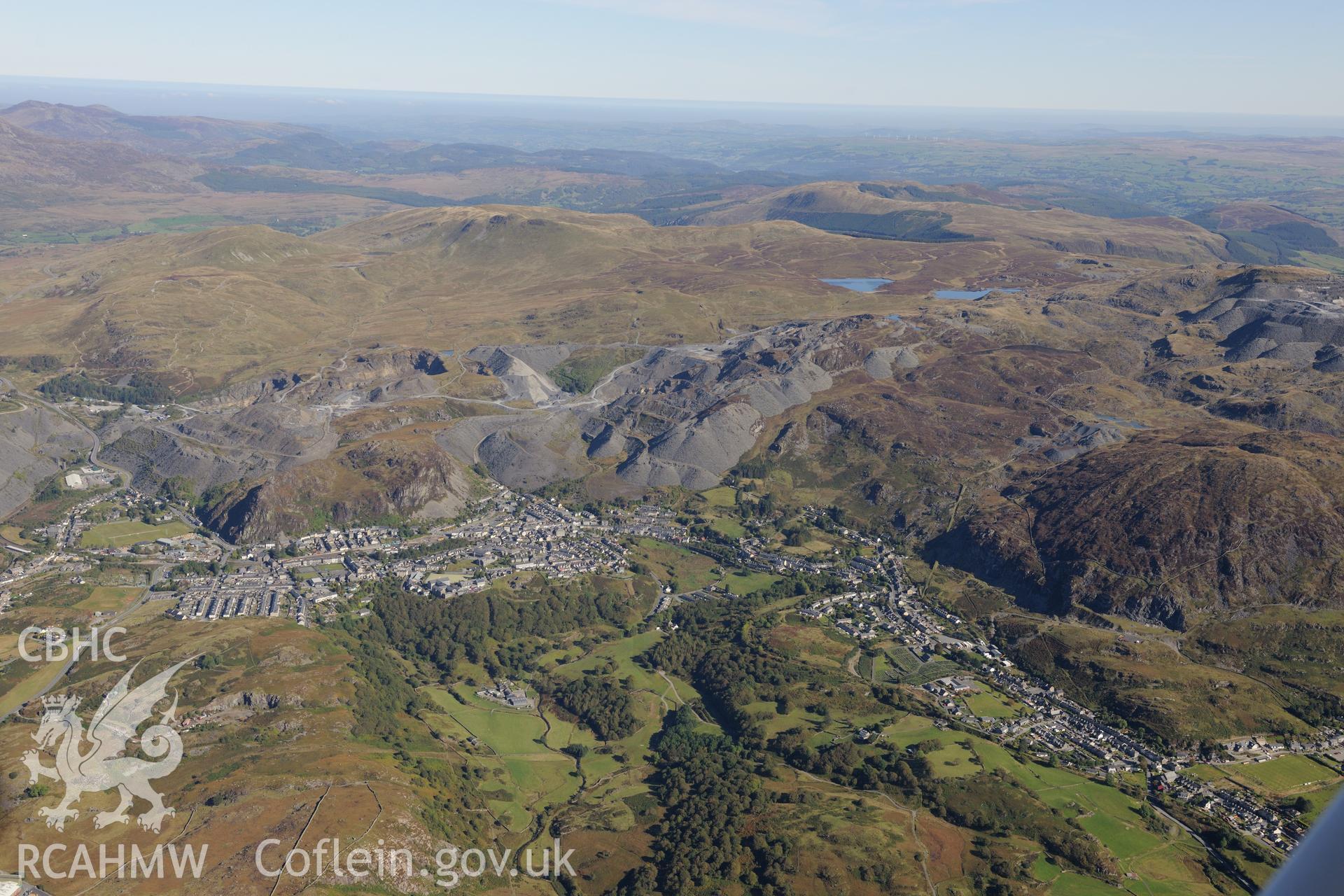 Oakley slate quarry and Llechwedd slate quarry, with Blaenau Ffestiniog below. Oblique aerial photograph taken during the Royal Commission's programme of archaeological aerial reconnaissance by Toby Driver on 2nd October 2015.