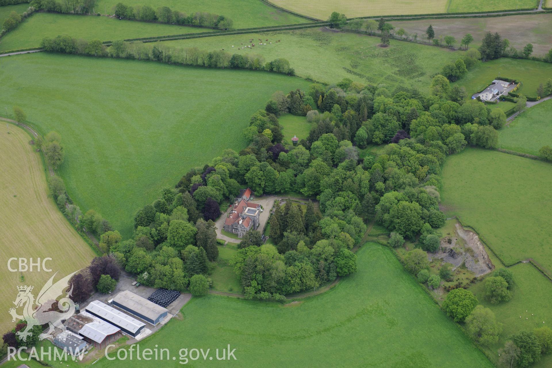 Maes-y-Crugiau Manor and Gardens, Llanllwni. Oblique aerial photograph taken during the Royal Commission's programme of archaeological aerial reconnaissance by Toby Driver on 3rd June 2015.