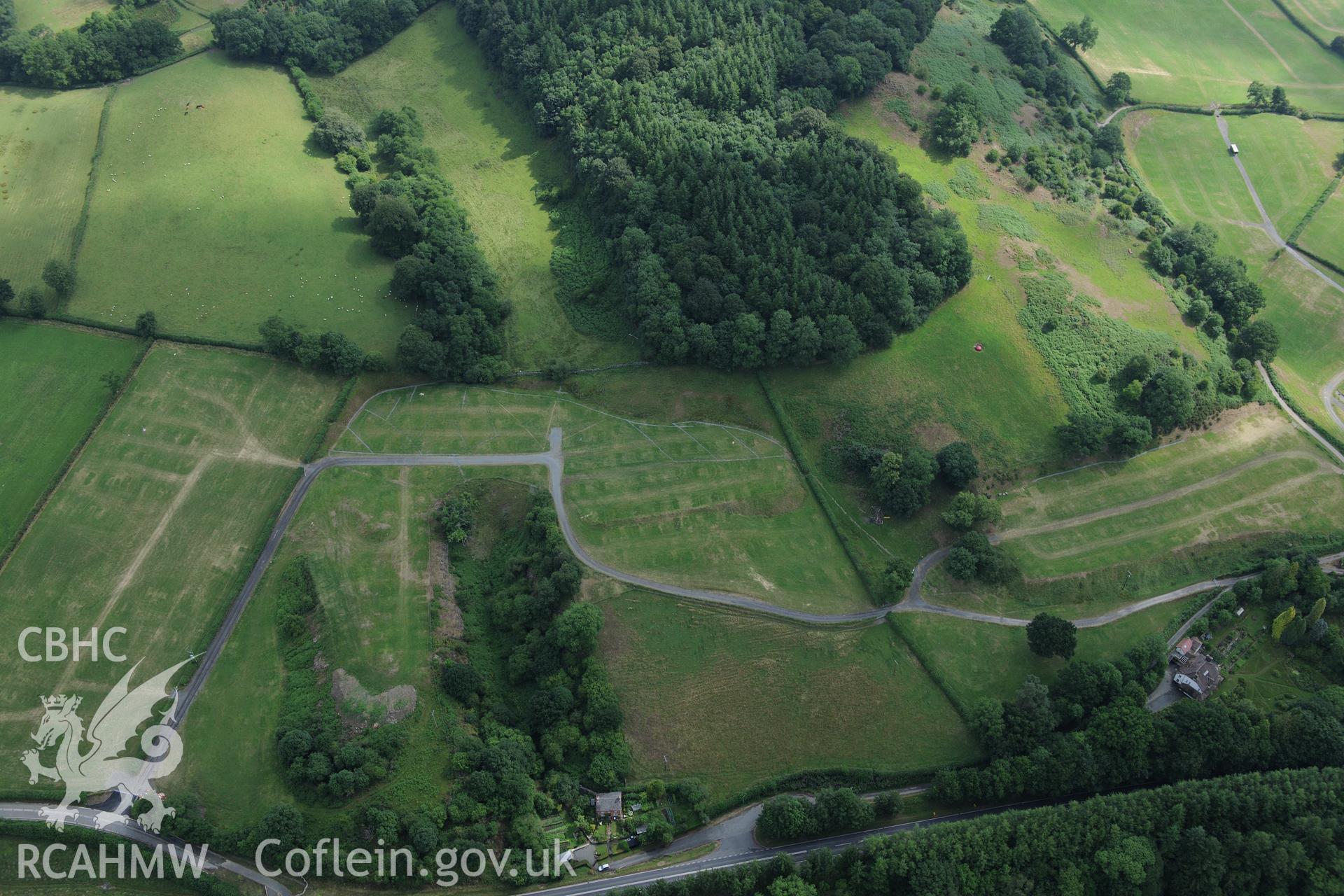 The Royal Welsh Showground, Llanelwedd. Oblique aerial photograph taken during the Royal Commission?s programme of archaeological aerial reconnaissance by Toby Driver on 1st August 2013.