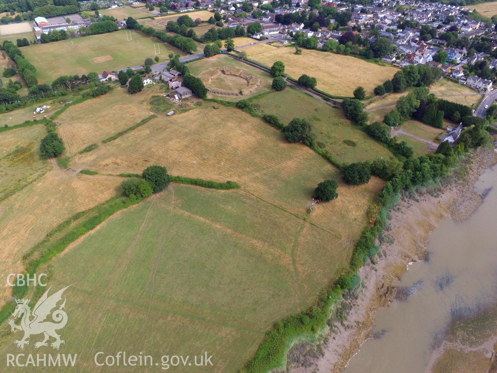 Colour photograph showing the remains of Isca Leginary Fortress, now the town of Caerleon. Photograph includes view of the Roman amphitheatre. Taken by Paul R. Davis on 22nd July 2018.