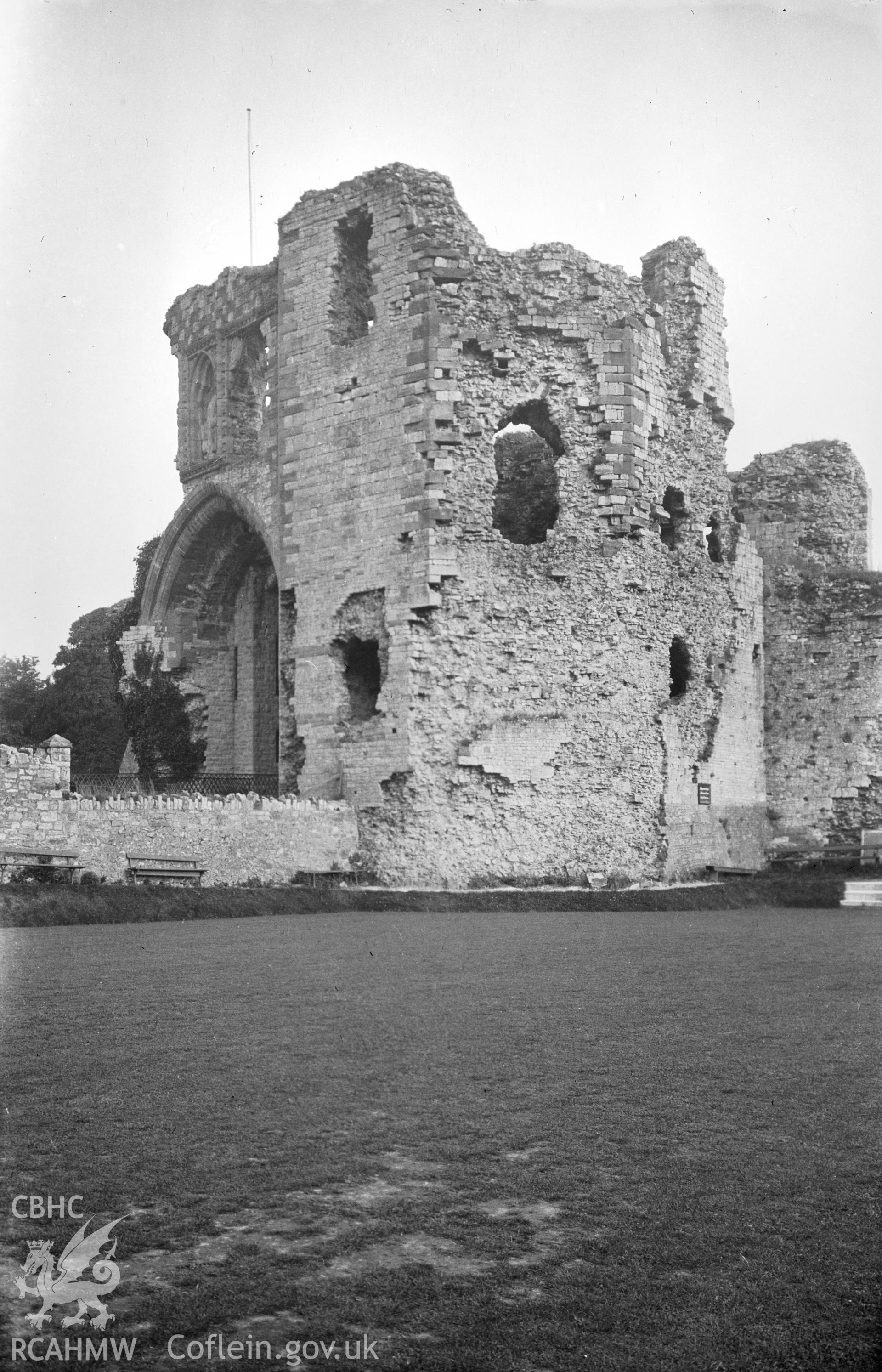 Digital copy of a nitrate negative showing view of Denbigh Castle, taken by RCAHMW, undated.