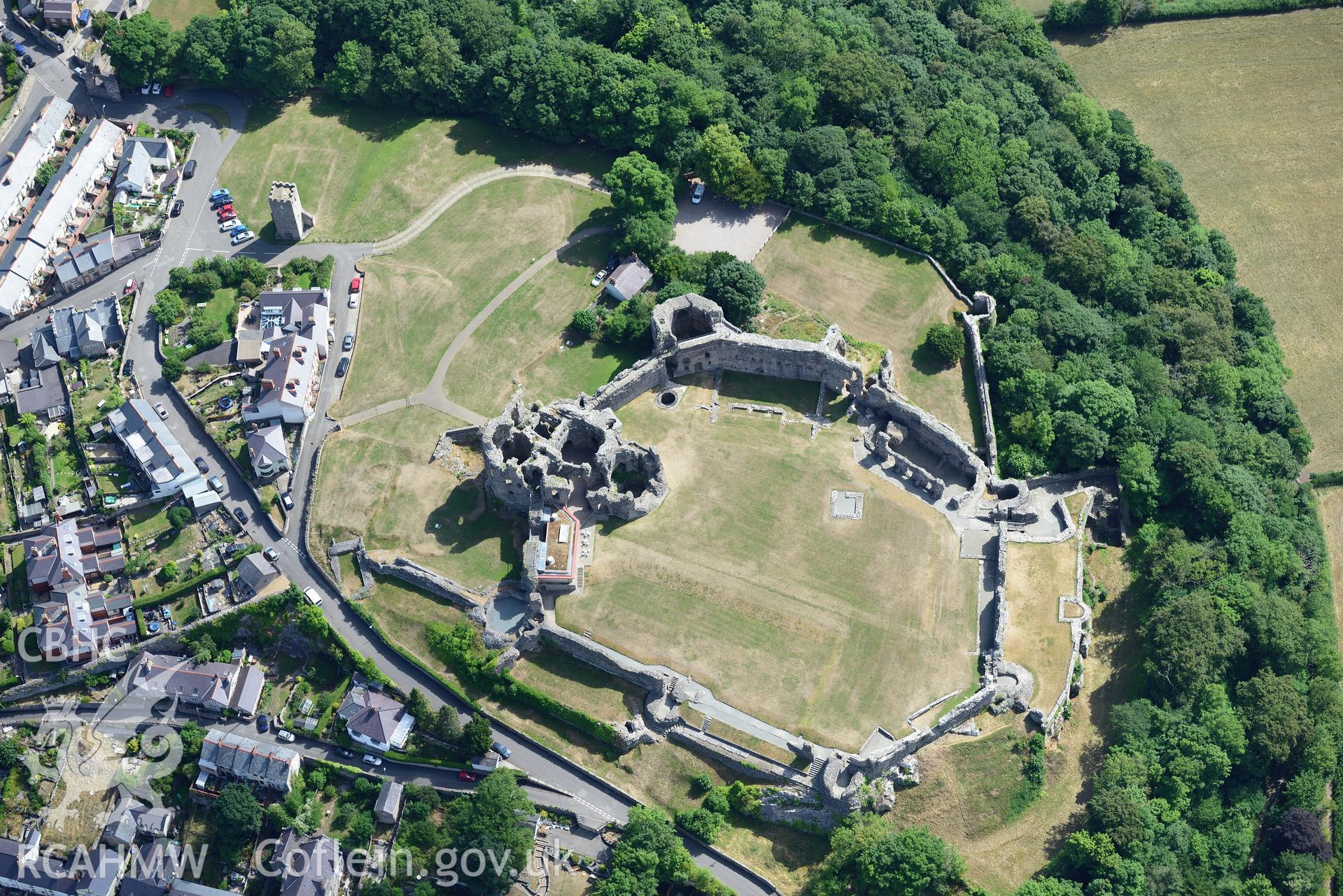 Royal Commission aerial photography of Denbigh Castle with extensive parchmarks taken on 19th July 2018 during the 2018 drought.