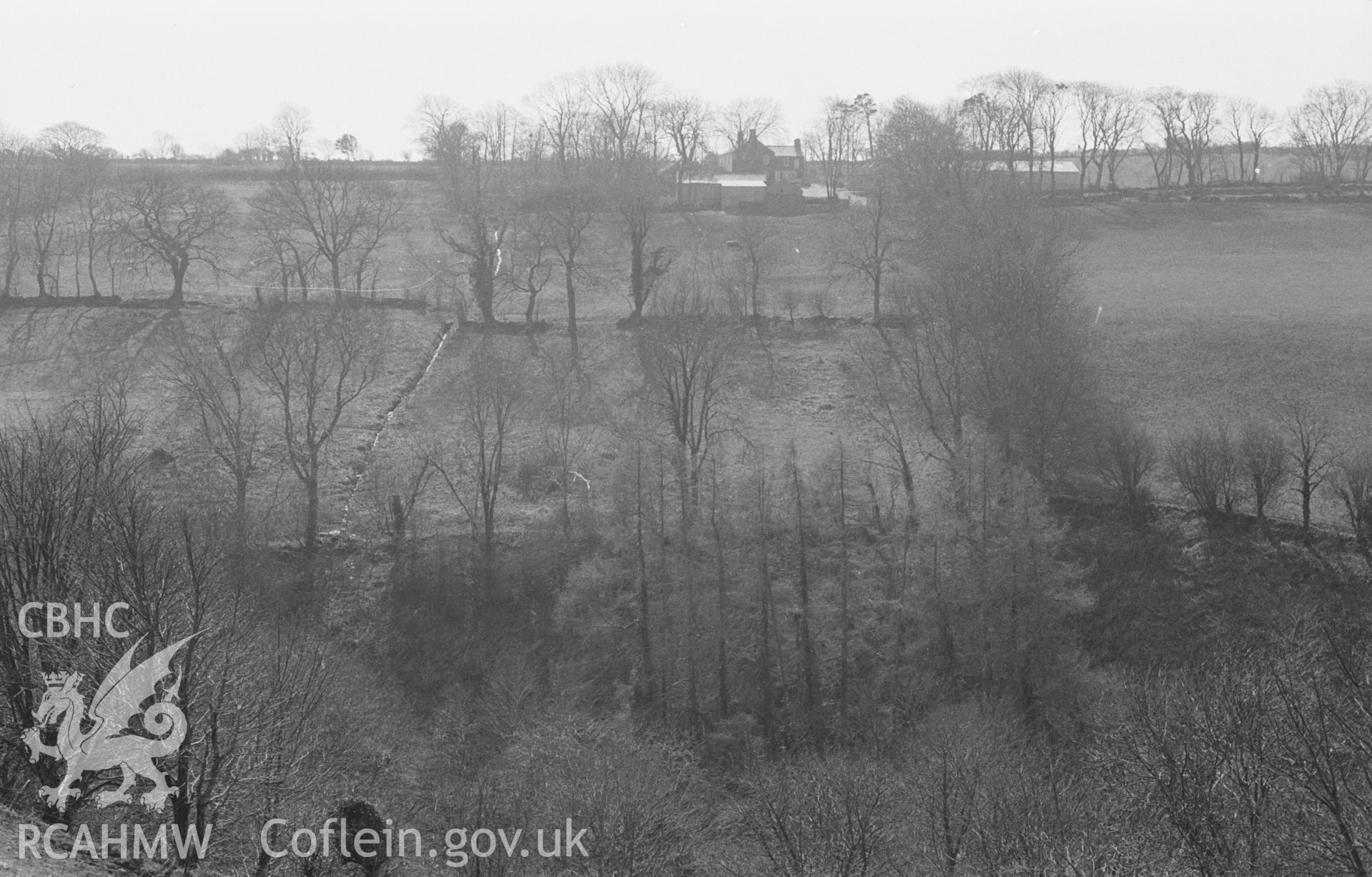 Digital copy of a black and white negative showing Llettycymro farm from across the Nant Fothau. Photographed by Arthur O. Chater in April 1968. (Looking south west from Grid Reference SN 356 551).