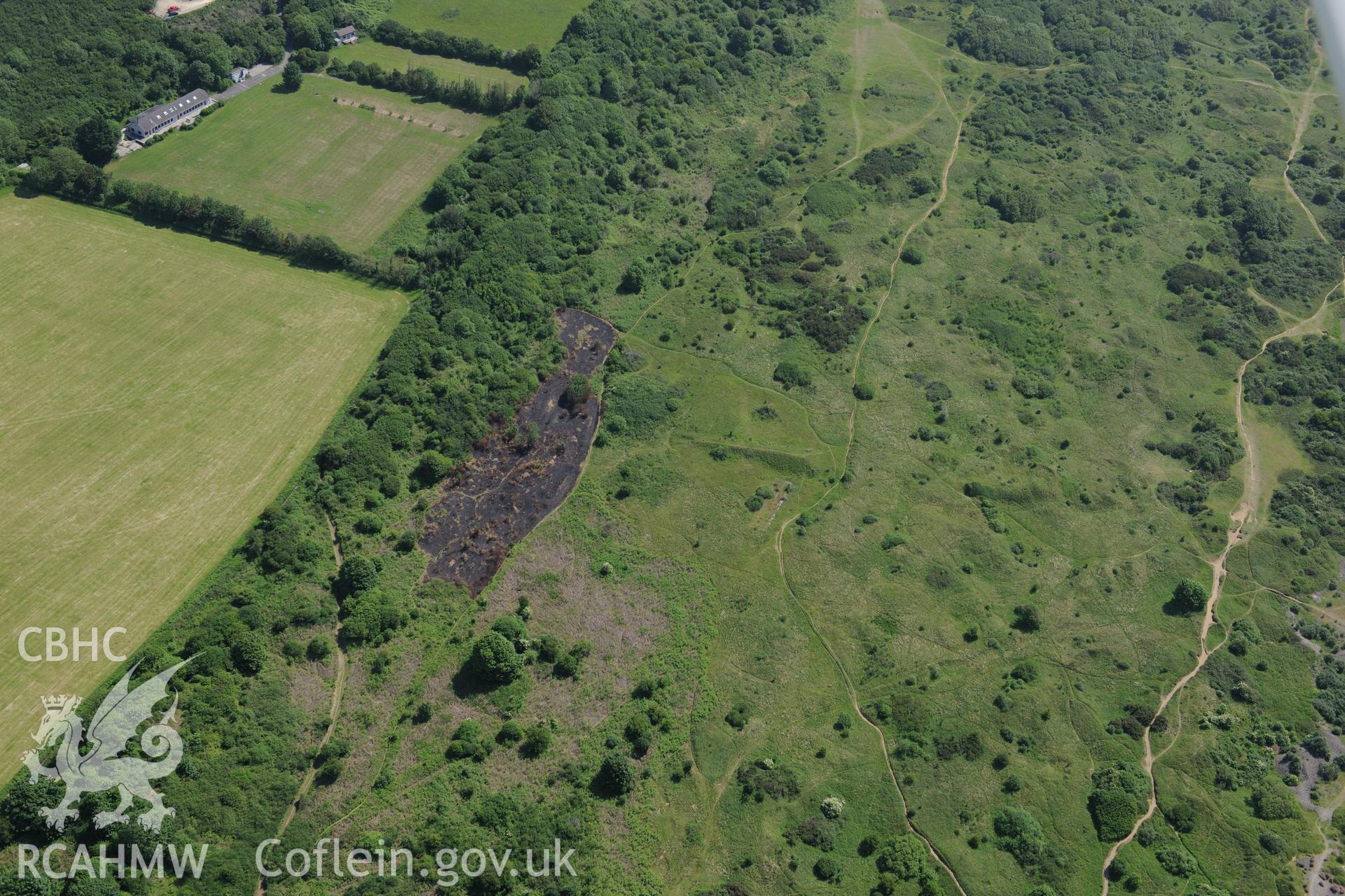 Merthyr Mawr warren and the Wig Fach Rifle Range 2, target area. Oblique aerial photograph taken during the Royal Commission's programme of archaeological aerial reconnaissance by Toby Driver on 19th June 2015.