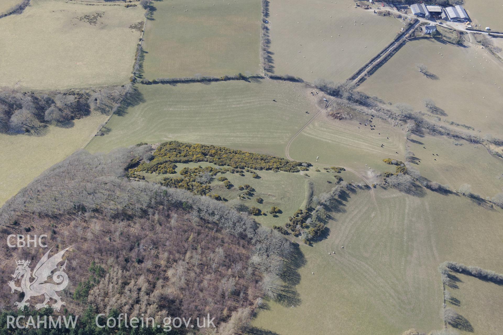 Caer Allt-Goch hillfort, south west of Talybont, Aberystwyth. Oblique aerial photograph taken during the Royal Commission's programme of archaeological aerial reconnaissance by Toby Driver on 2nd April 2013.