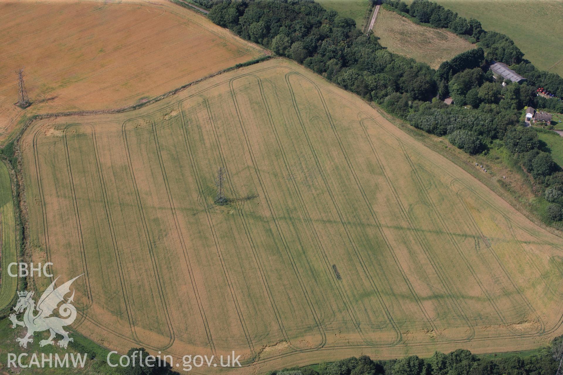 Malthouse Road defended enclosure and Graig-yr-Eurych castle mound (covered by woodland), between Caerleon and Cwmbran. Oblique aerial photograph taken during the Royal Commission?s programme of archaeological aerial reconnaissance by Toby Driver on 1st August 2013.