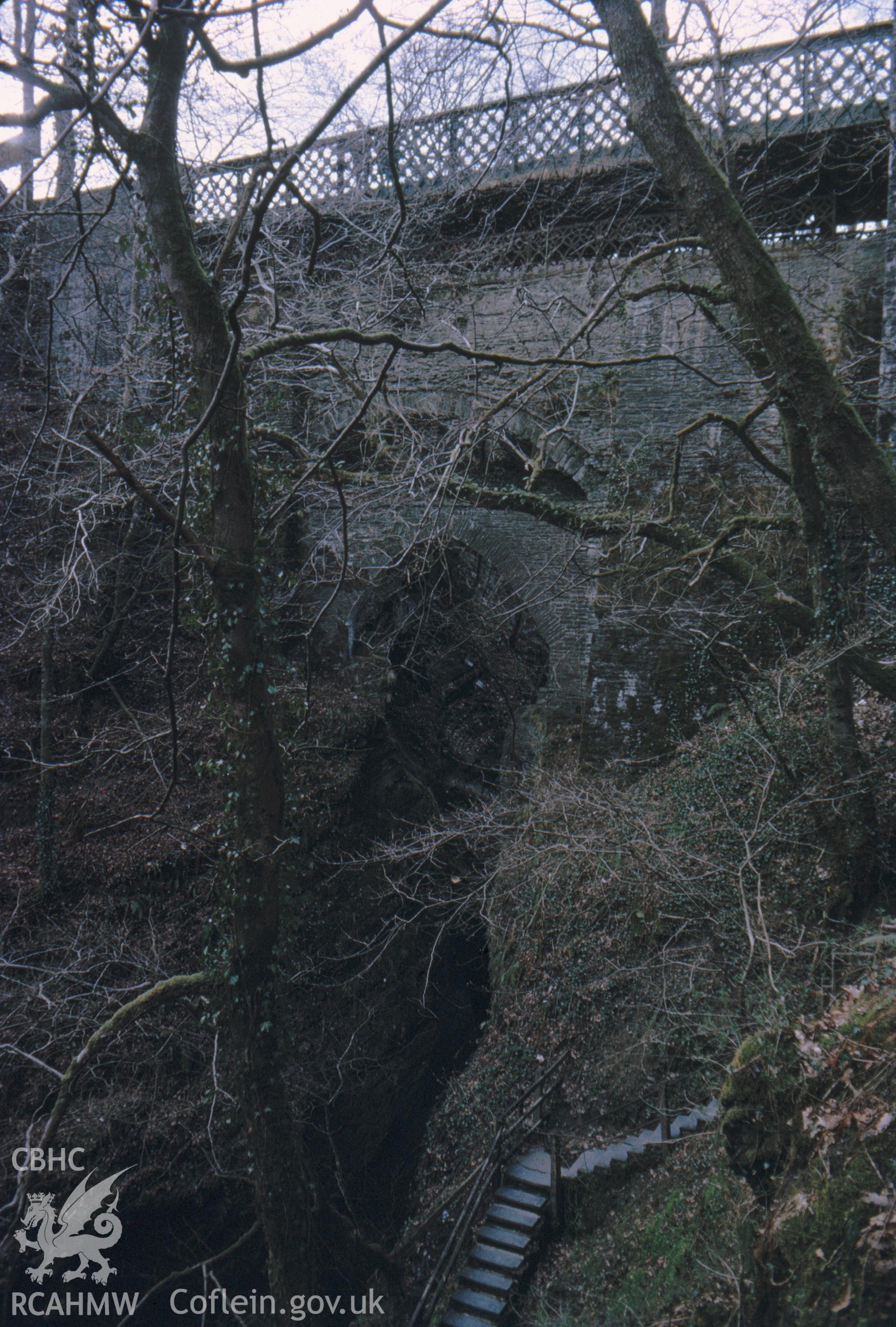 Digital copy of a colour slide showing view of Devil's Bridge from east showing all three bridges, taken by Douglas Hague, May 1969.