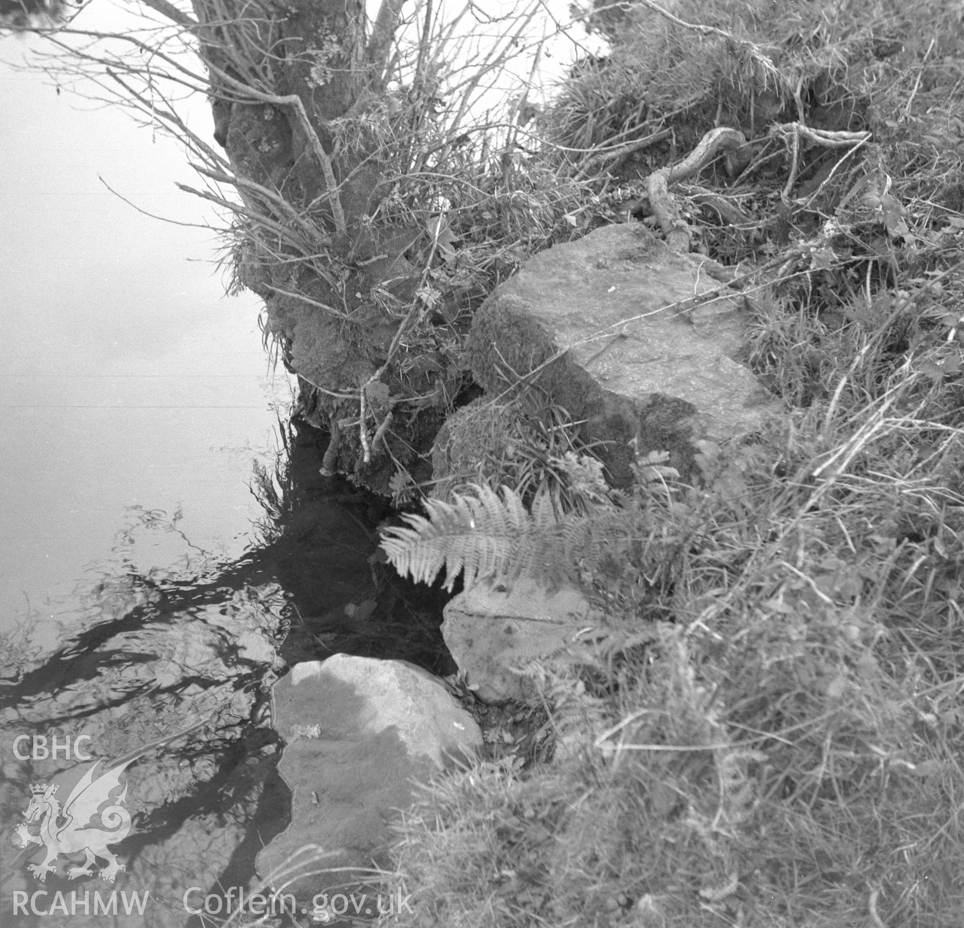 Digital copy of a nitrate negative showing view of possible site of destroyed bridge at Llanystumdwy.