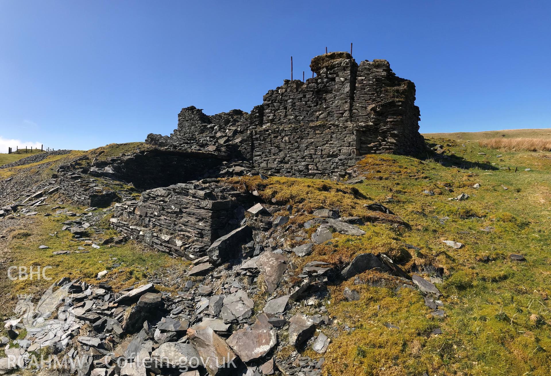 Colour photograph of earthworks at Esgairhir lead mine engine house, east of Tre Taliesin, Aberystwyth, taken by Paul R. Davis on 29th March 2019.