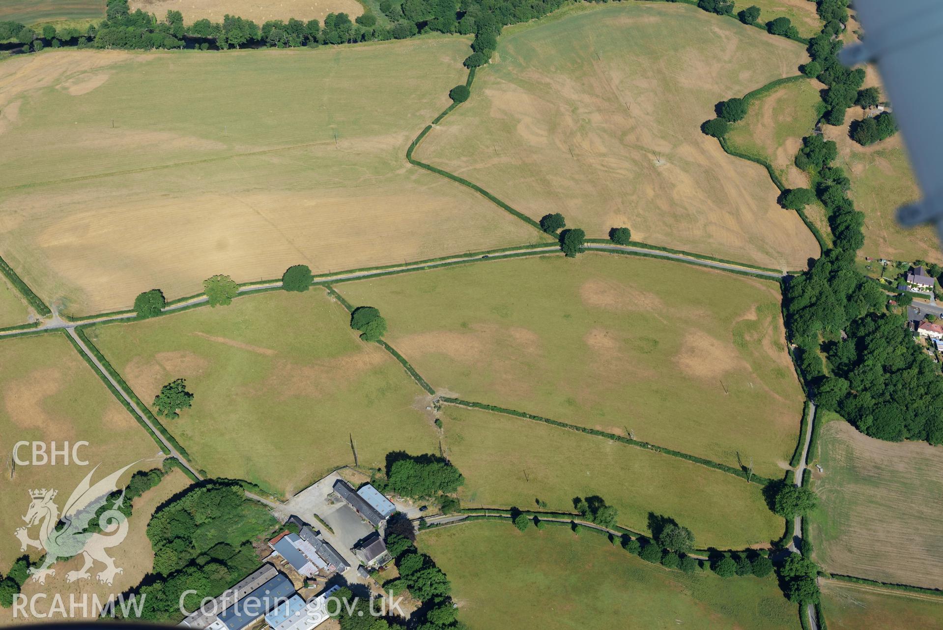 Royal Commission aerial photography of Pentre Roman road taken on 19th July 2018 during the 2018 drought.