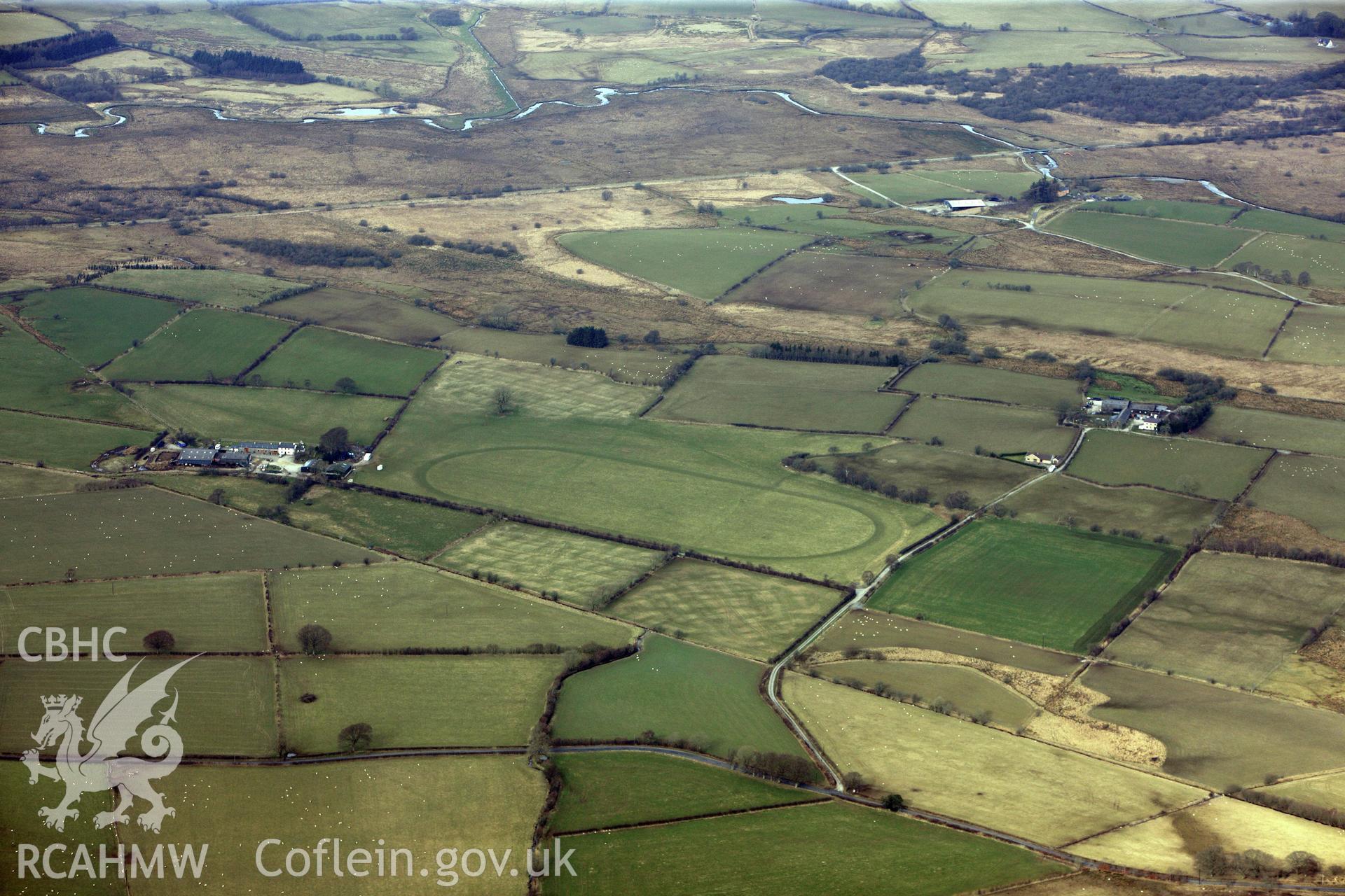 Tregaron trotting races circuit, Dolyrychain, Pontrhydfendigaid. Oblique aerial photograph taken during the Royal Commission?s programme of archaeological aerial reconnaissance by Toby Driver on 28th February 2013.