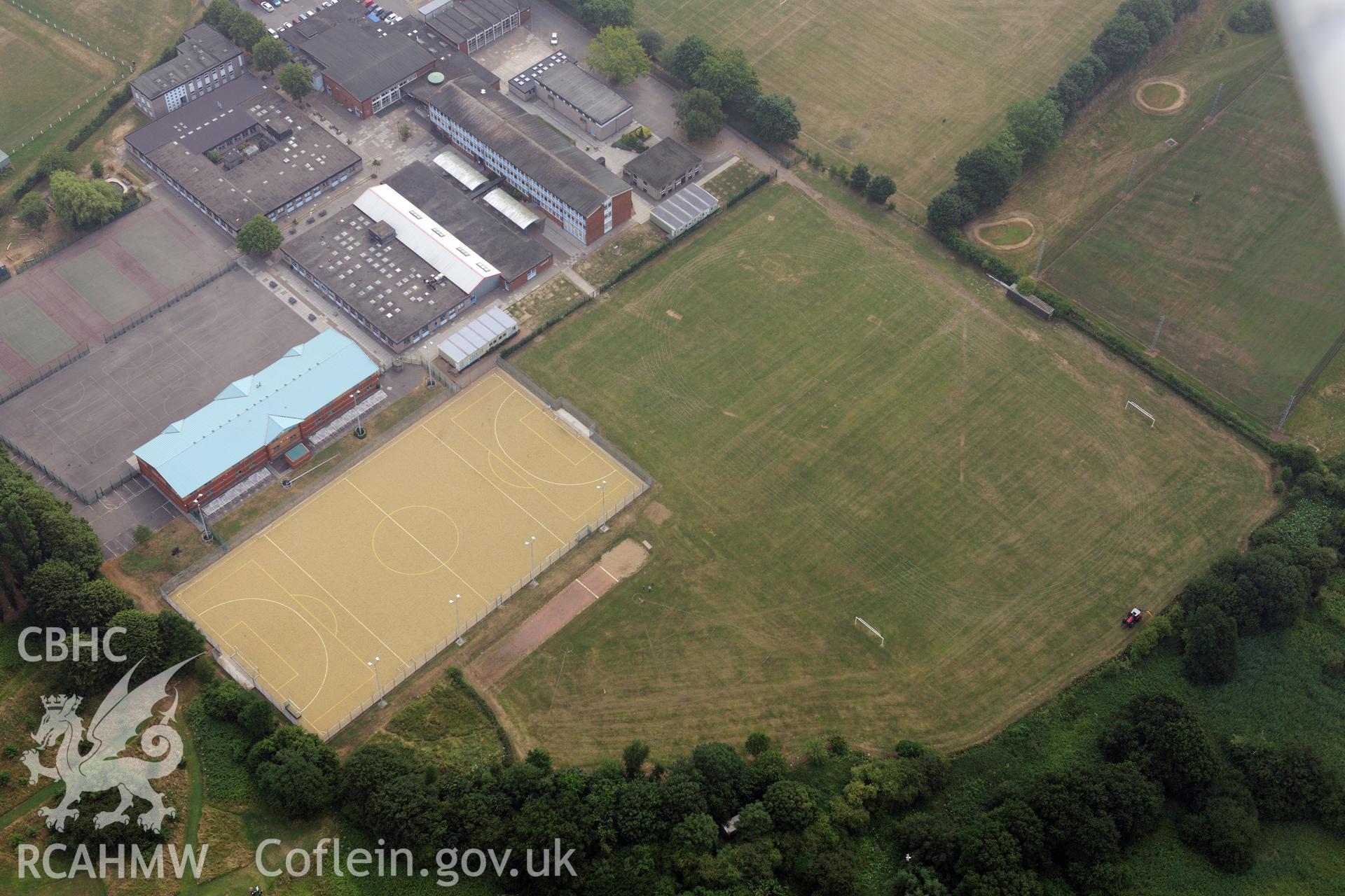 Royal Commission aerial photography of parchmarks at Caerleon School taken during drought conditions on 22nd July 2013.