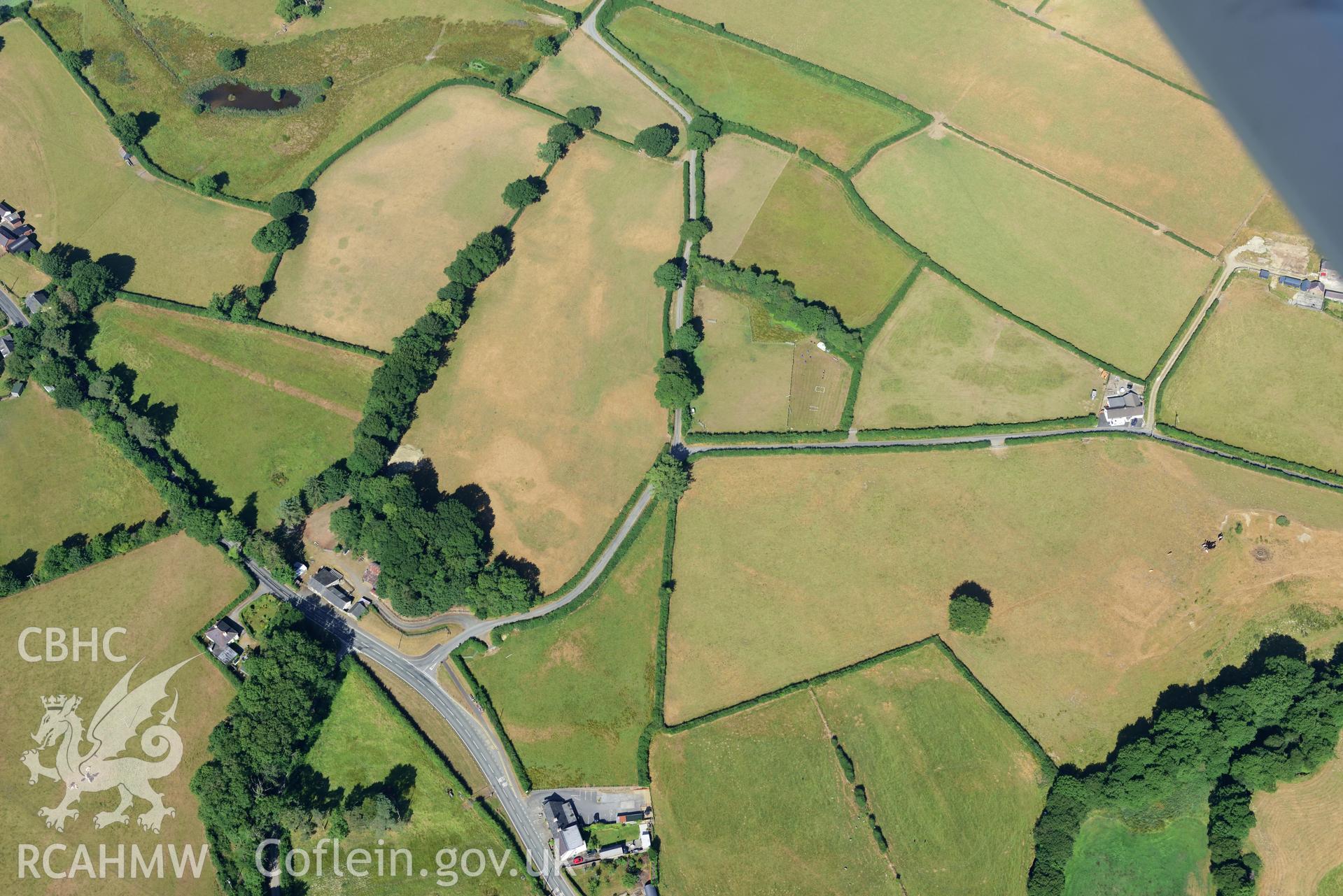 Royal Commission aerial photography of Roman road parchmarks at Aber-Giar or Ffynnon-drain taken on 19th July 2018 during the 2018 drought.