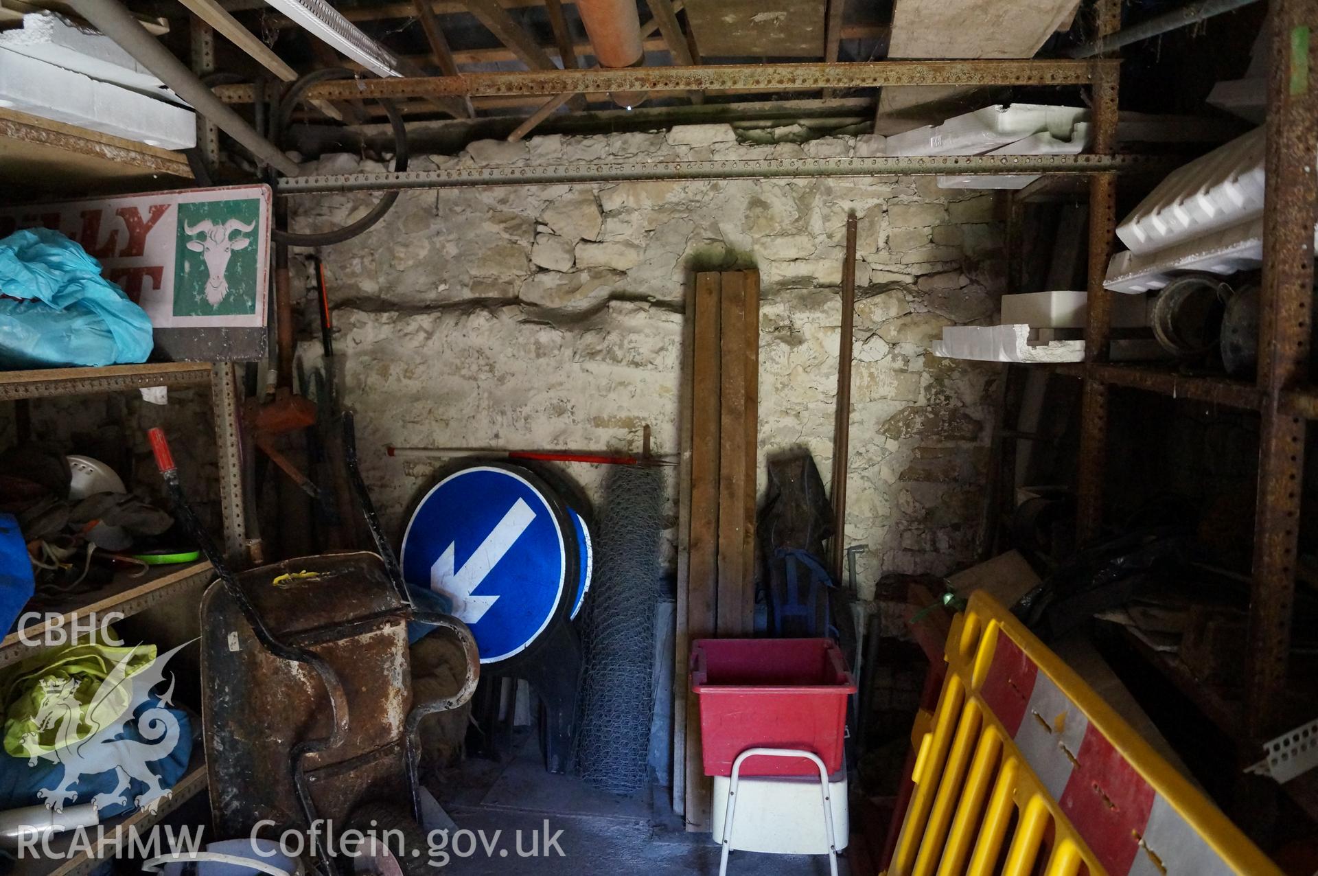 'Internal view looking north northwest at the northern wall of extension' at Rowley Court, Llantwit Major. Photograph & description by Jenny Hall & Paul Sambrook of Trysor, 25th May 2017.