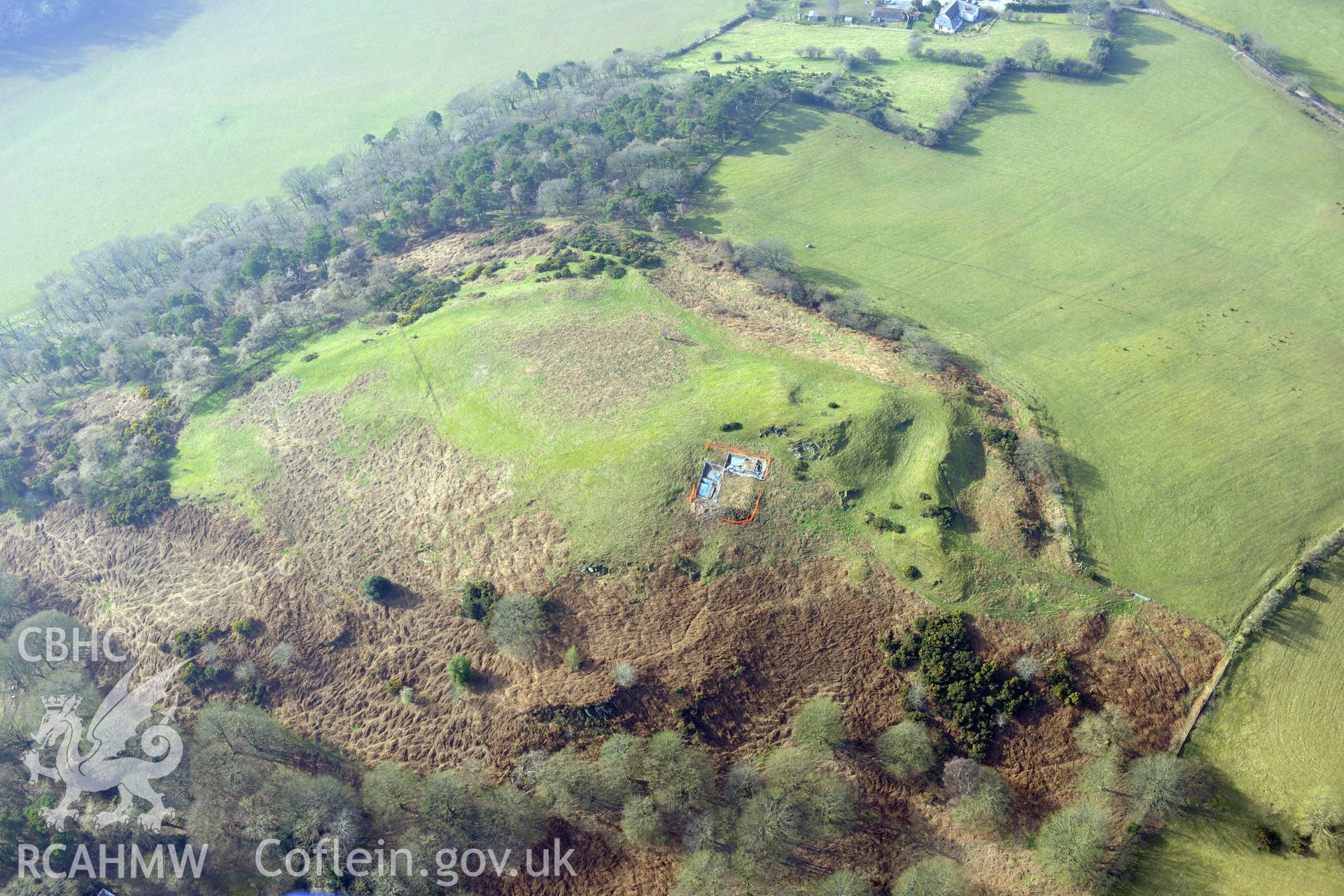 Moel-y-Gaer hillfort, Bodfari. Oblique aerial photograph taken during the Royal Commission?s programme of archaeological aerial reconnaissance by Toby Driver on 28th February 2013.