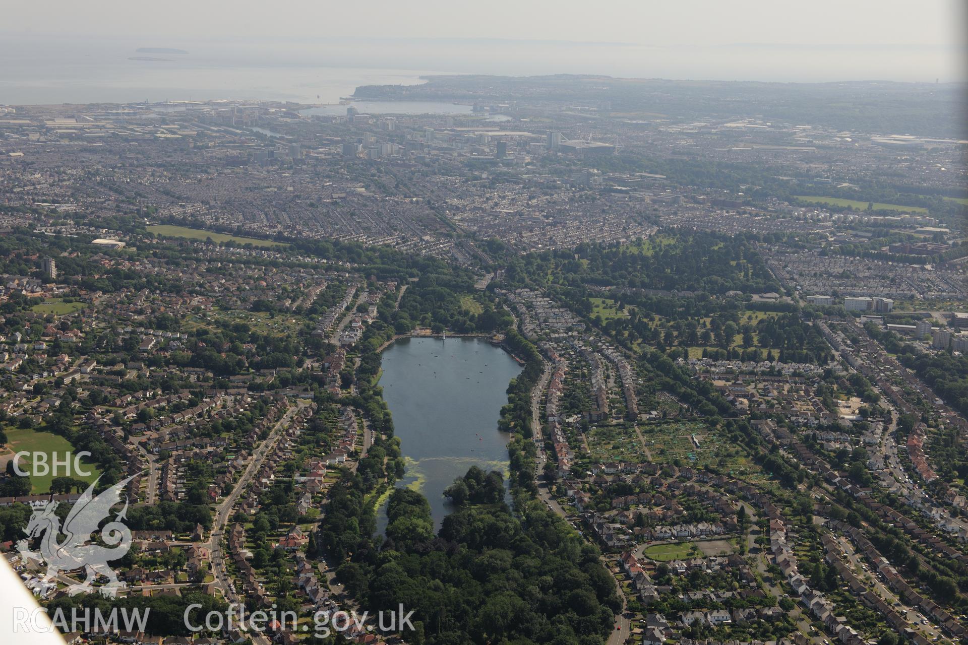 Roath Park, Cardiff. Oblique aerial photograph taken during the Royal Commission?s programme of archaeological aerial reconnaissance by Toby Driver on 1st August 2013.