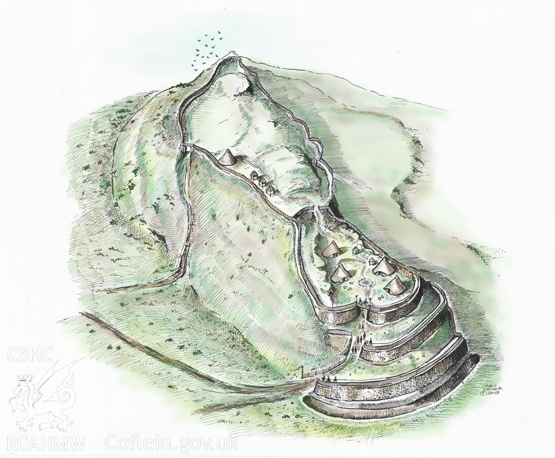 Pen y Bannau; .tiff version of an impression of Pen y Bannau in the later Iron Age, showing the main timber gateway crossed by a bridge at the innermost point of the elaborate defensive facade. At least two minor gateways gave access to the "rear" of the outcrop beyond. Figure 7.11, The Hillforts of Cardigan Bay, Toby Driver.