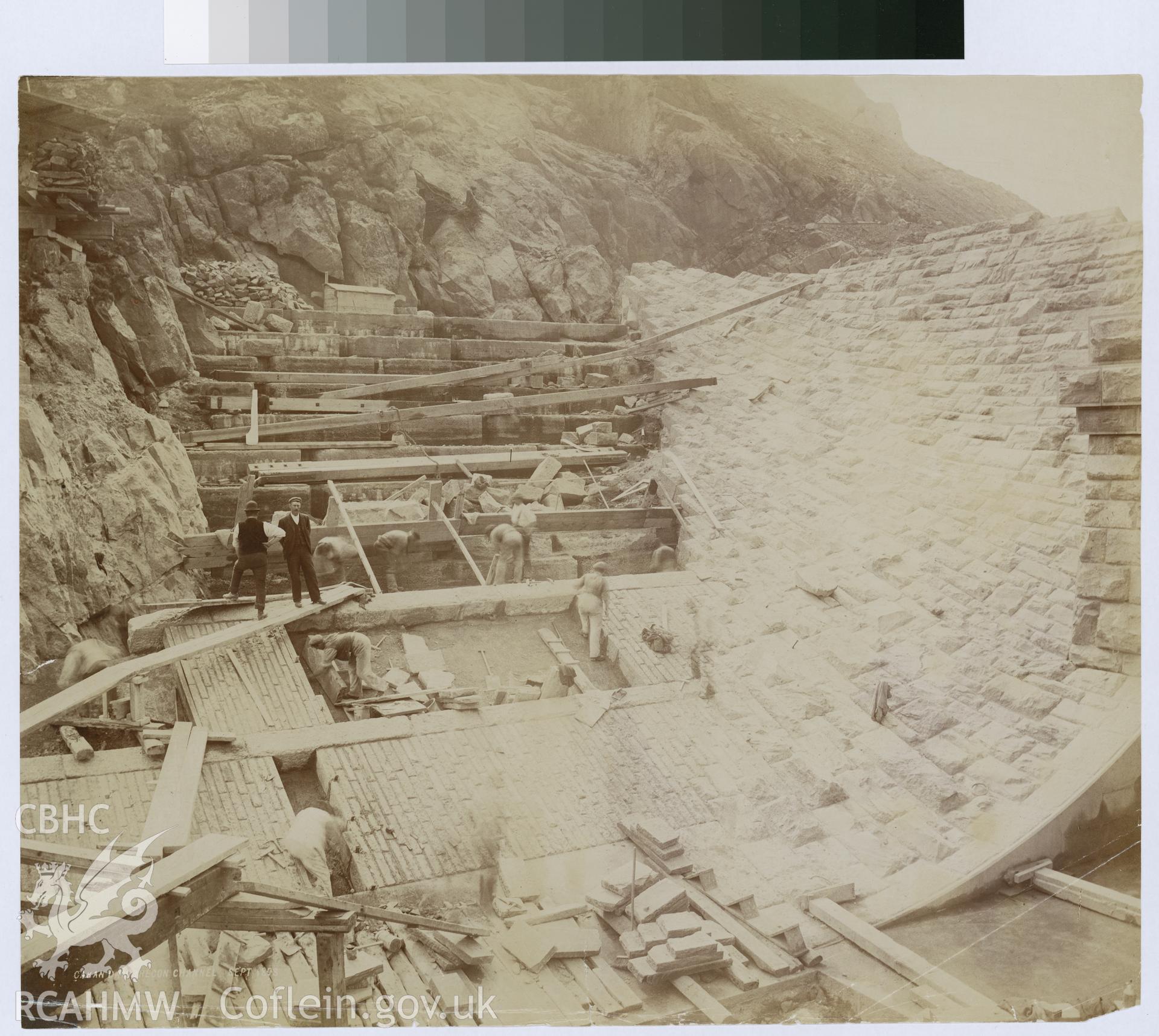 Digital copy of an albumen print from Edward Hubbard Collection showing the Brecon channel at Caban Dam, taken September 1898.