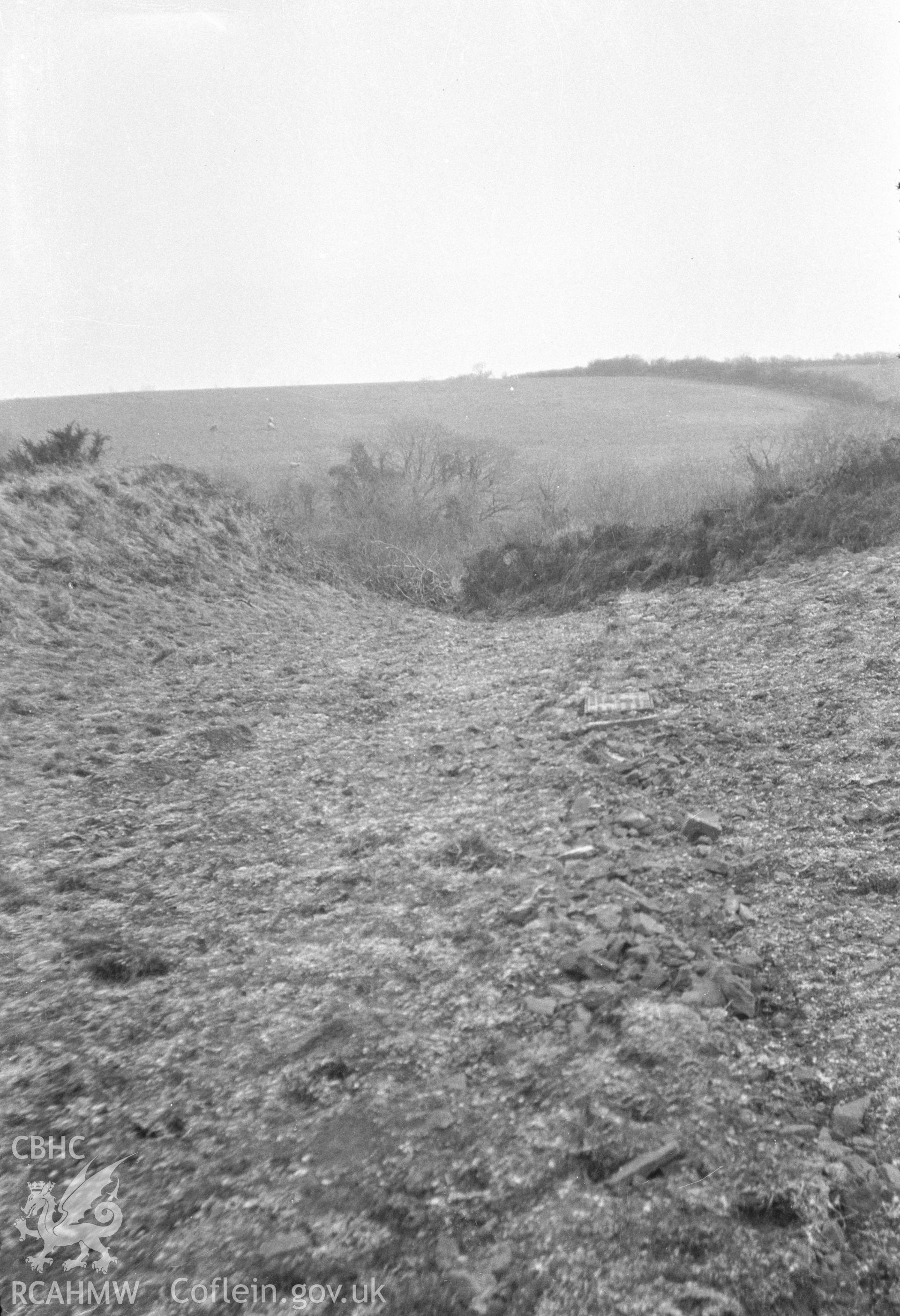 Digital copy of a nitrate negative showing Blaengwaith-Noah camp, Lampeter Velfrey. From the Cadw Monuments in Care Collection.