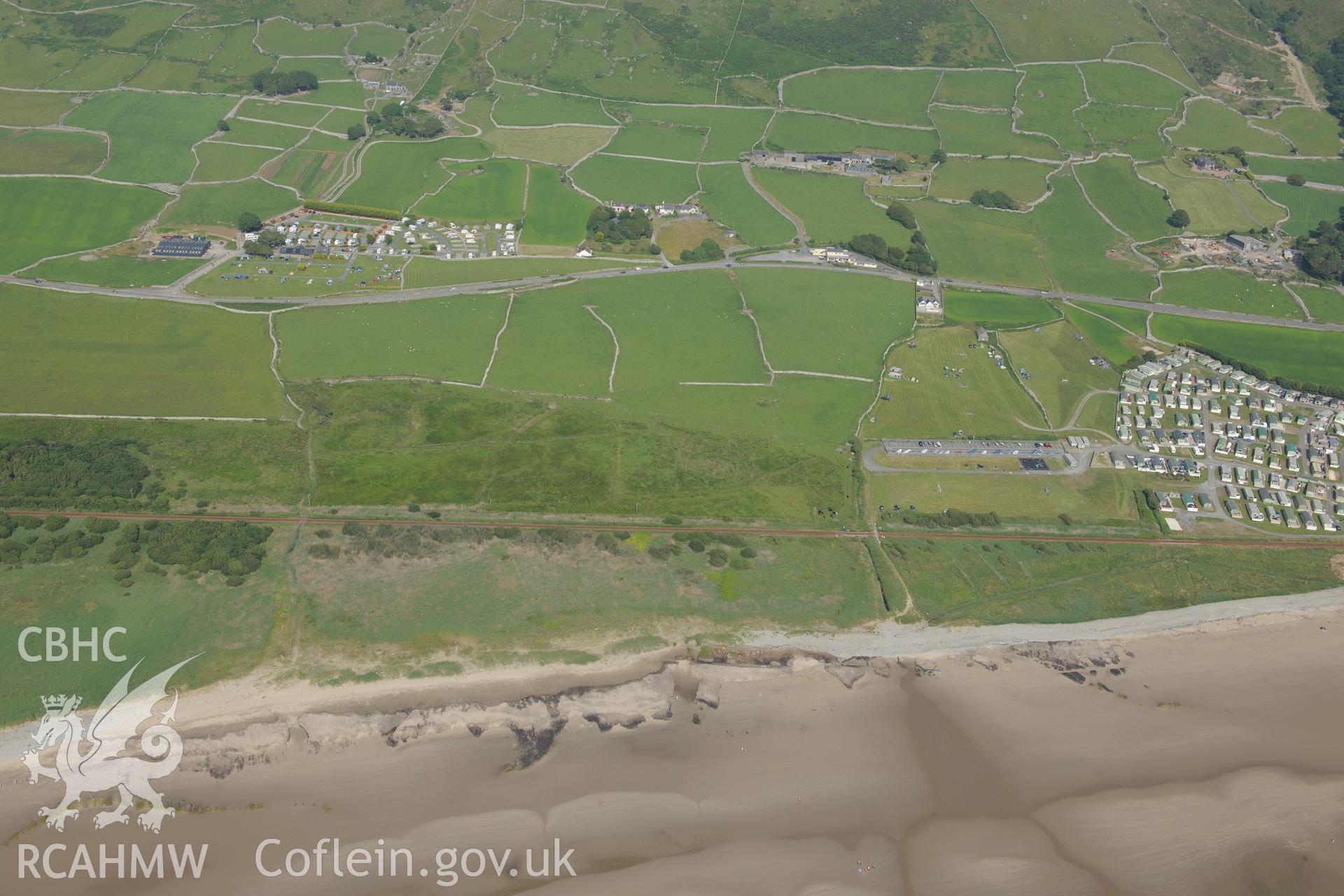 Peat deposits at Llanaber, north west of Barmouth. Oblique aerial photograph taken during the Royal Commission?s programme of archaeological aerial reconnaissance by Toby Driver on 12th July 2013.