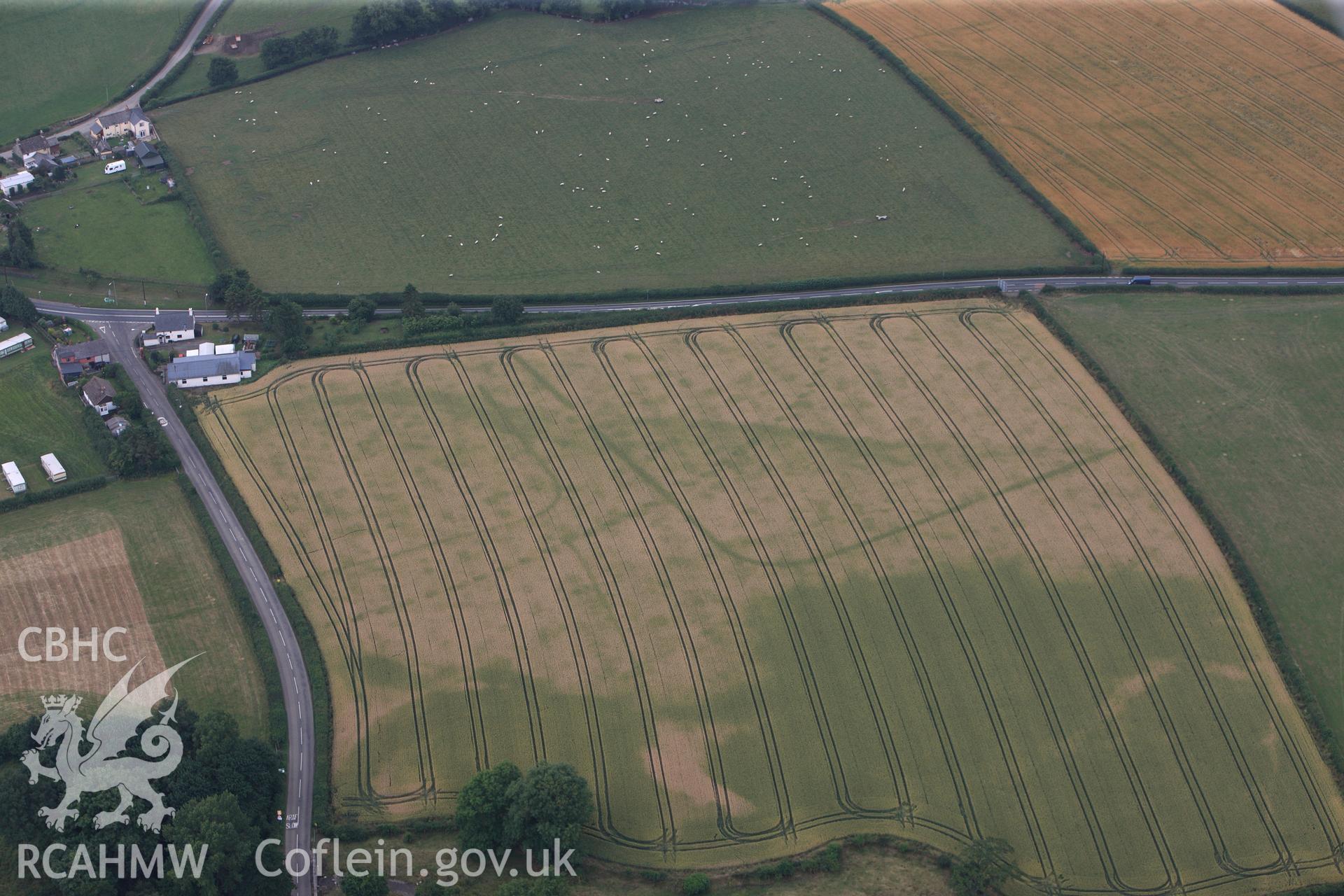 Walton palisaded enclosure and Roman camp, east of Llandrindod Wells, near the Wales-England border. Oblique aerial photograph taken during the Royal Commission?s programme of archaeological aerial reconnaissance by Toby Driver on 1st August 2013.