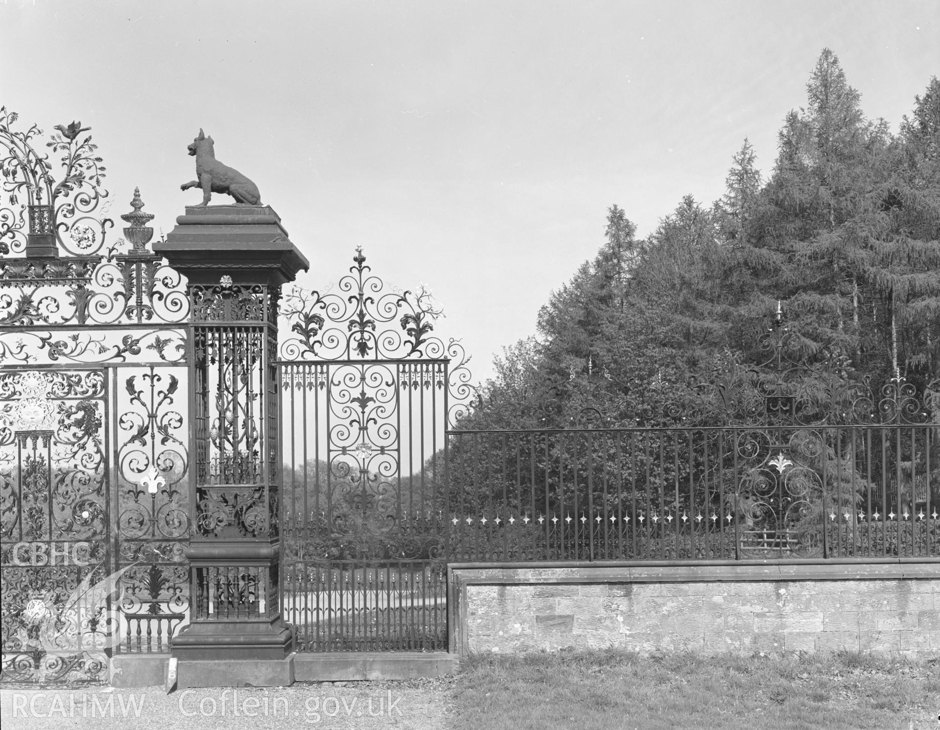 Digital copy of an acetate negative showing view of Chirk Castle gates taken by Department of Environment in 1977.