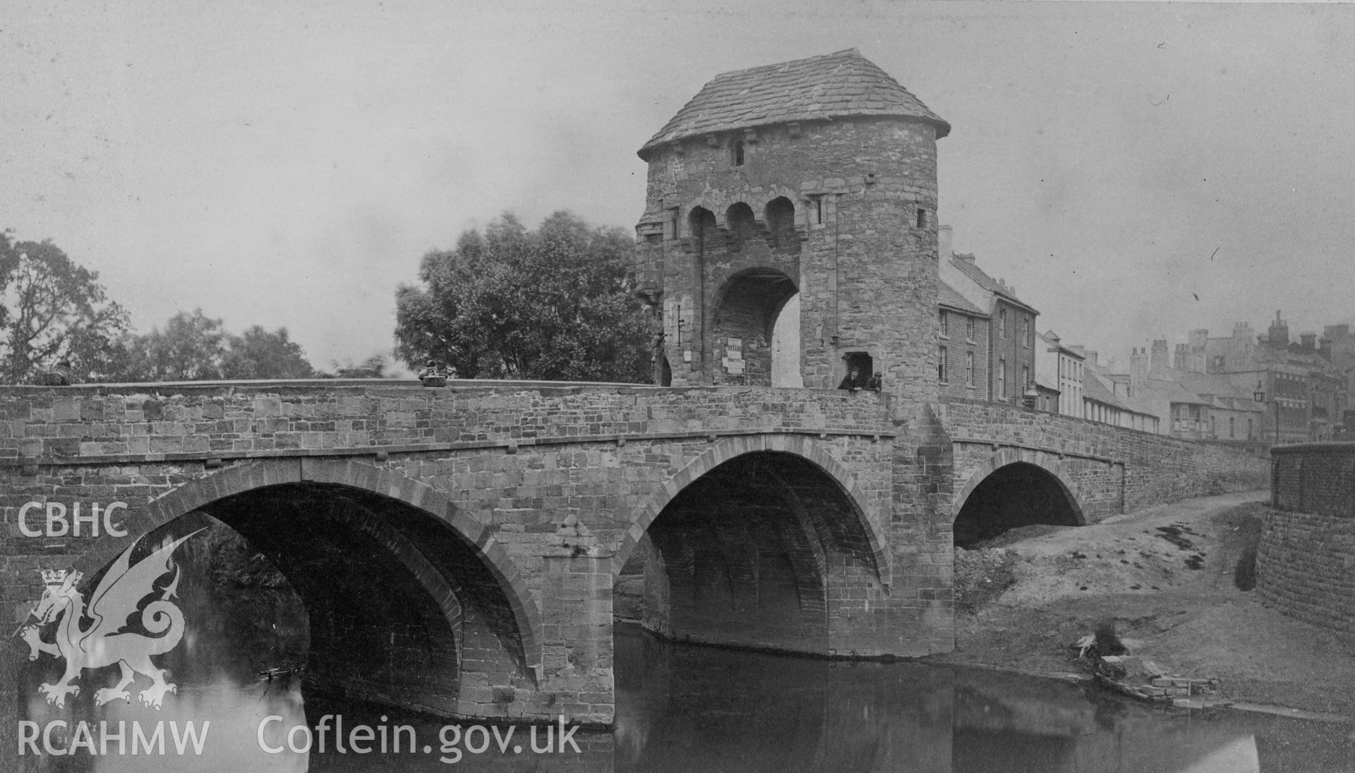 Digital copy of an acetate negative showing view of Monnow Bridge.