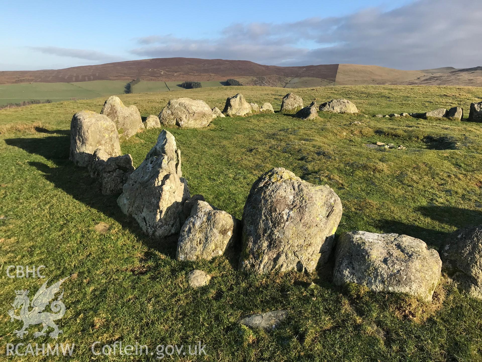 Detailed view of Moel Ty-Uchaf kerb circle, Llandrillo. Colour photograph taken by Paul R. Davis on 2nd January 2019.