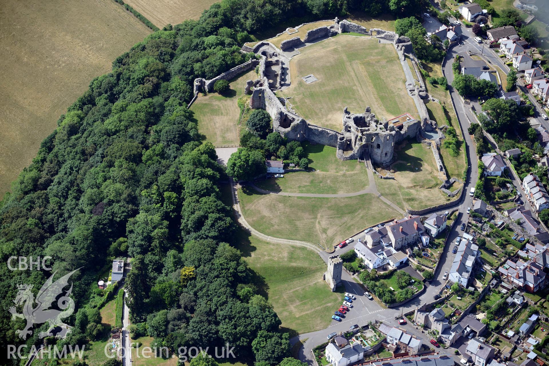 Royal Commission aerial photography of Denbigh Castle with extensive parchmarks taken on 19th July 2018 during the 2018 drought.