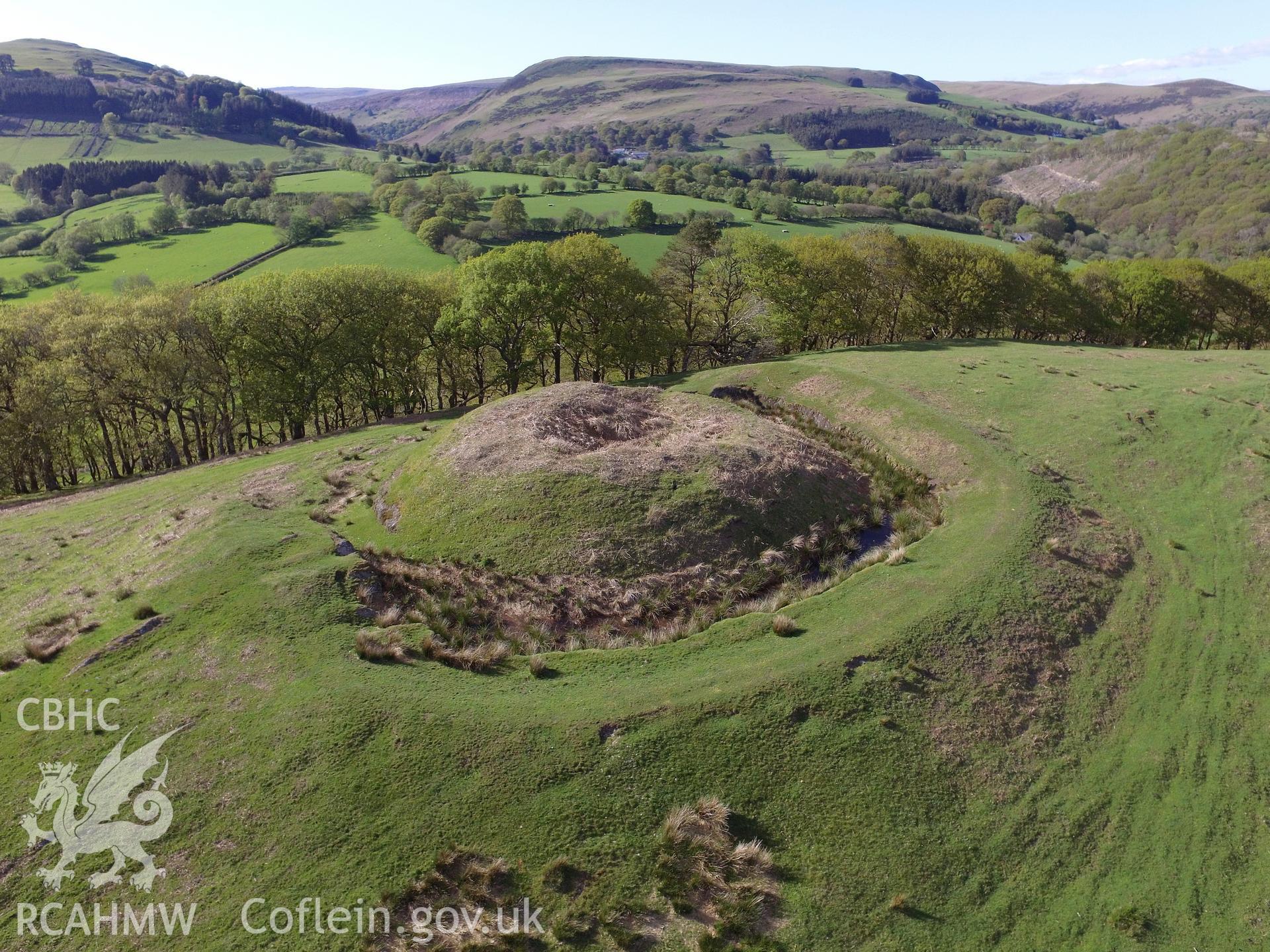 Colour photo showing aerial view of Twdin (also known as Caer Aeron and Fforest Castle) and its surroundings, Treflys, taken by Paul R. Davis, 14th May 2018.