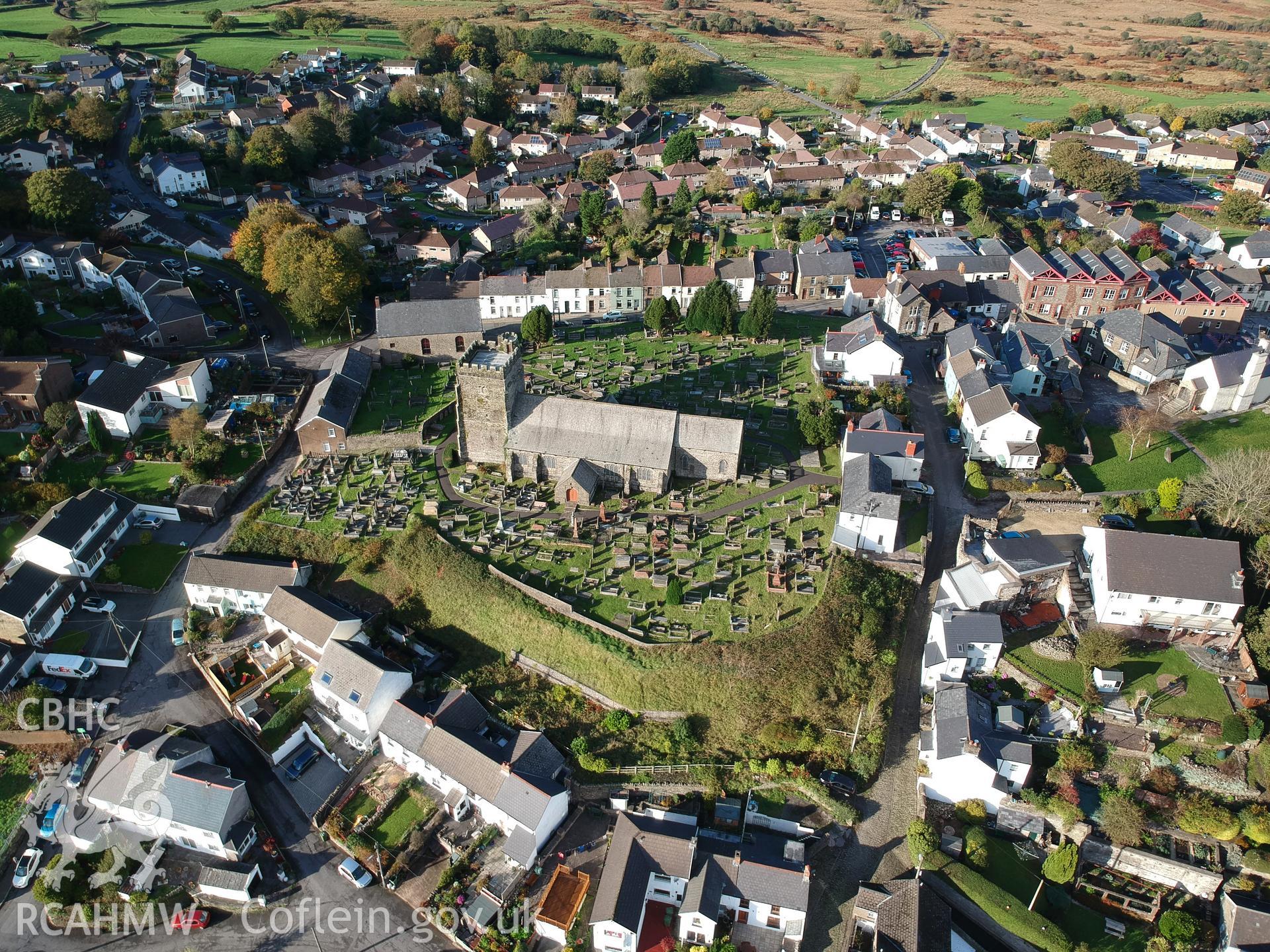 Aerial view of the church of Saints Illtyd, Gwyno and Tyfodwg in the centre of Llantrisant town. Colour photograph taken by Paul R. Davis on 14th October 2018.