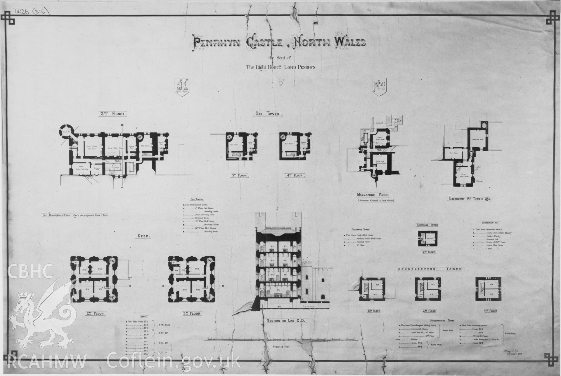 Dyeline copy of c.1872 drawing by H. Pye showing plans & sections of Penrhyn Castle, Llandegai.