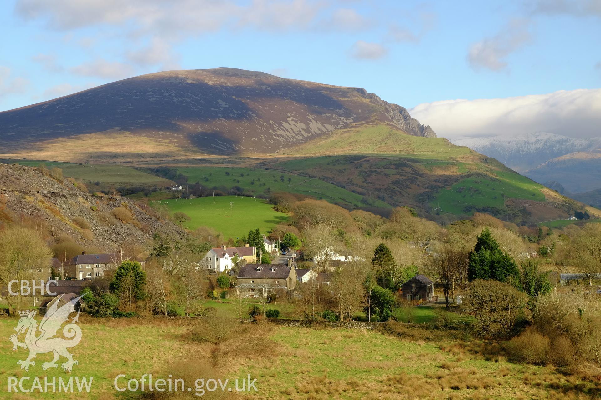 Colour photograph showing view of Nantlle village looking east towards Snowdon, produced by Richard Hayman 9th February 2017