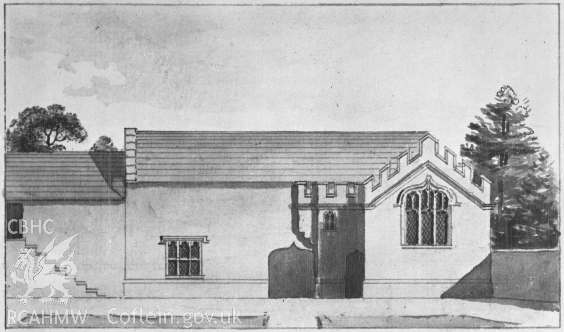 Digital copy of a wash drawing of the Chapel adjoining the gateway to Penrhyn Castle before 1782.