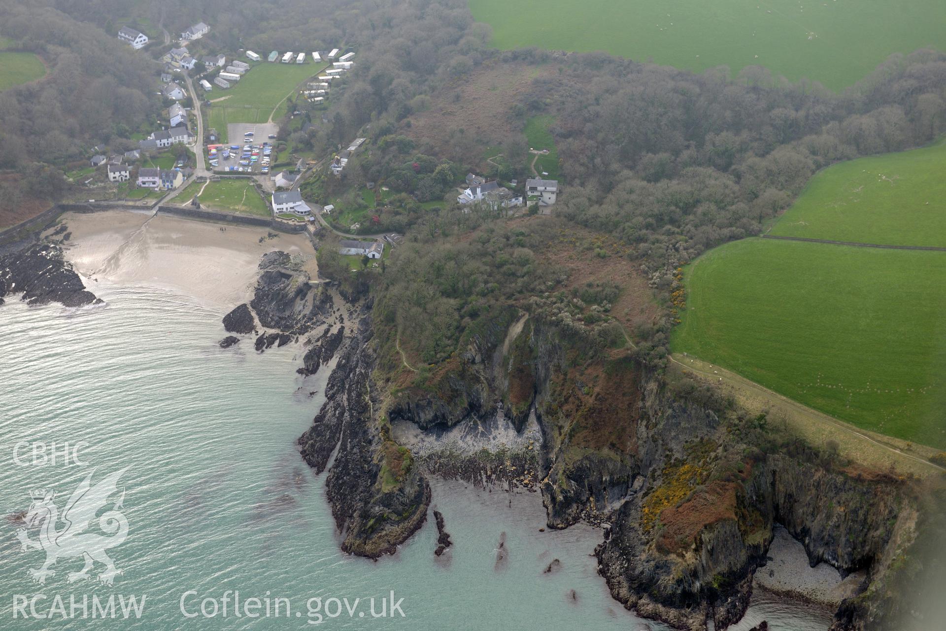 Aerial photography of Castell taken on 27th March 2017. Baseline aerial reconnaissance survey for the CHERISH Project. ? Crown: CHERISH PROJECT 2017. Produced with EU funds through the Ireland Wales Co-operation Programme 2014-2020. All material made freely available through the Open Government Licence.