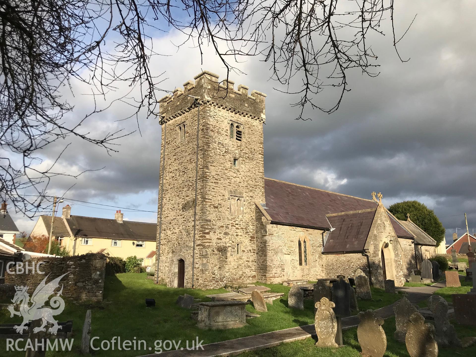 Exterior view of St. Tyfodwg's church and it's graveyard, Llandyfodwg. Colour photograph taken by Paul R. Davis on 14th November 2018.