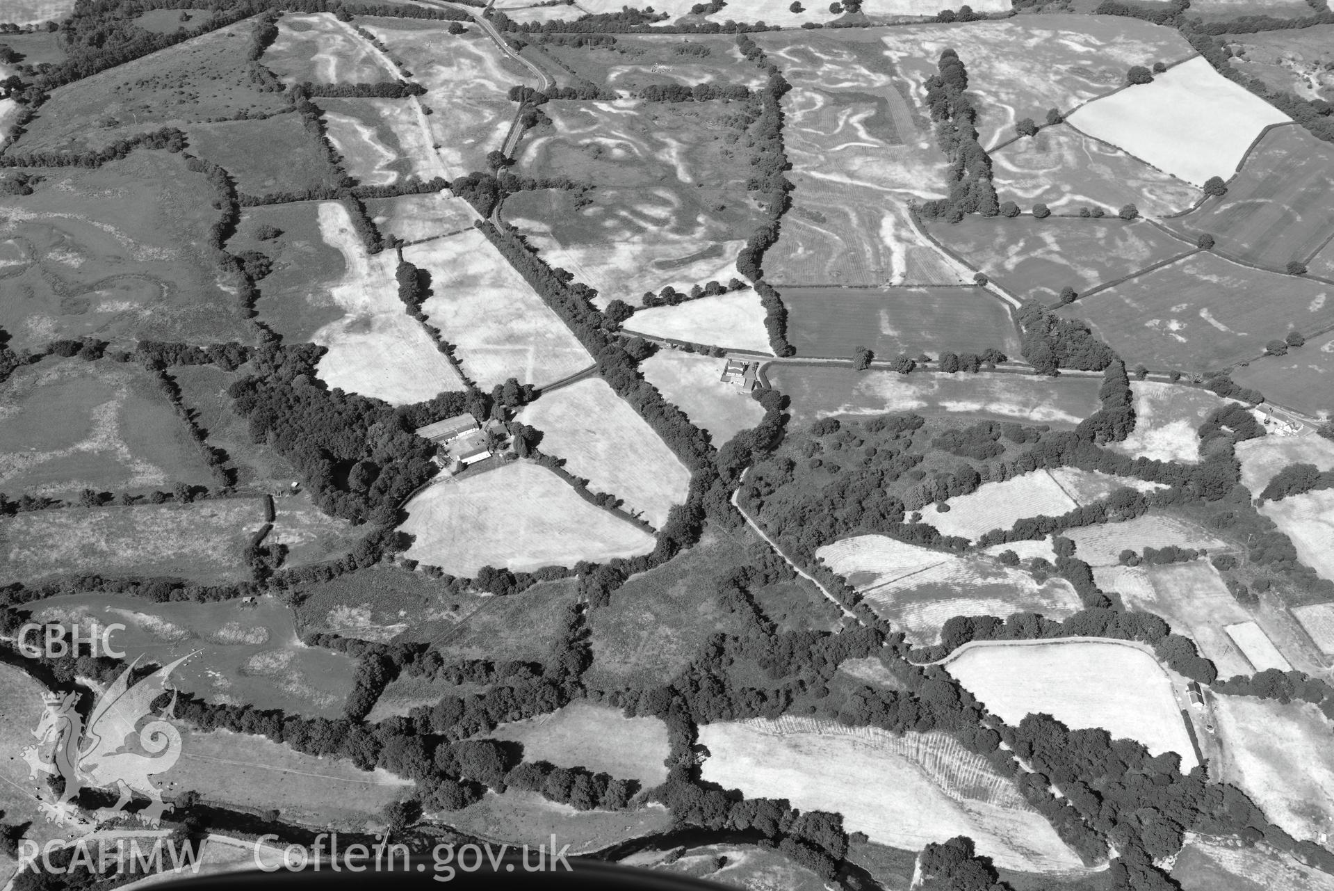 Royal Commission aerial photography of Llanio Roman fort and environs taken on 19th July 2018 during the 2018 drought.