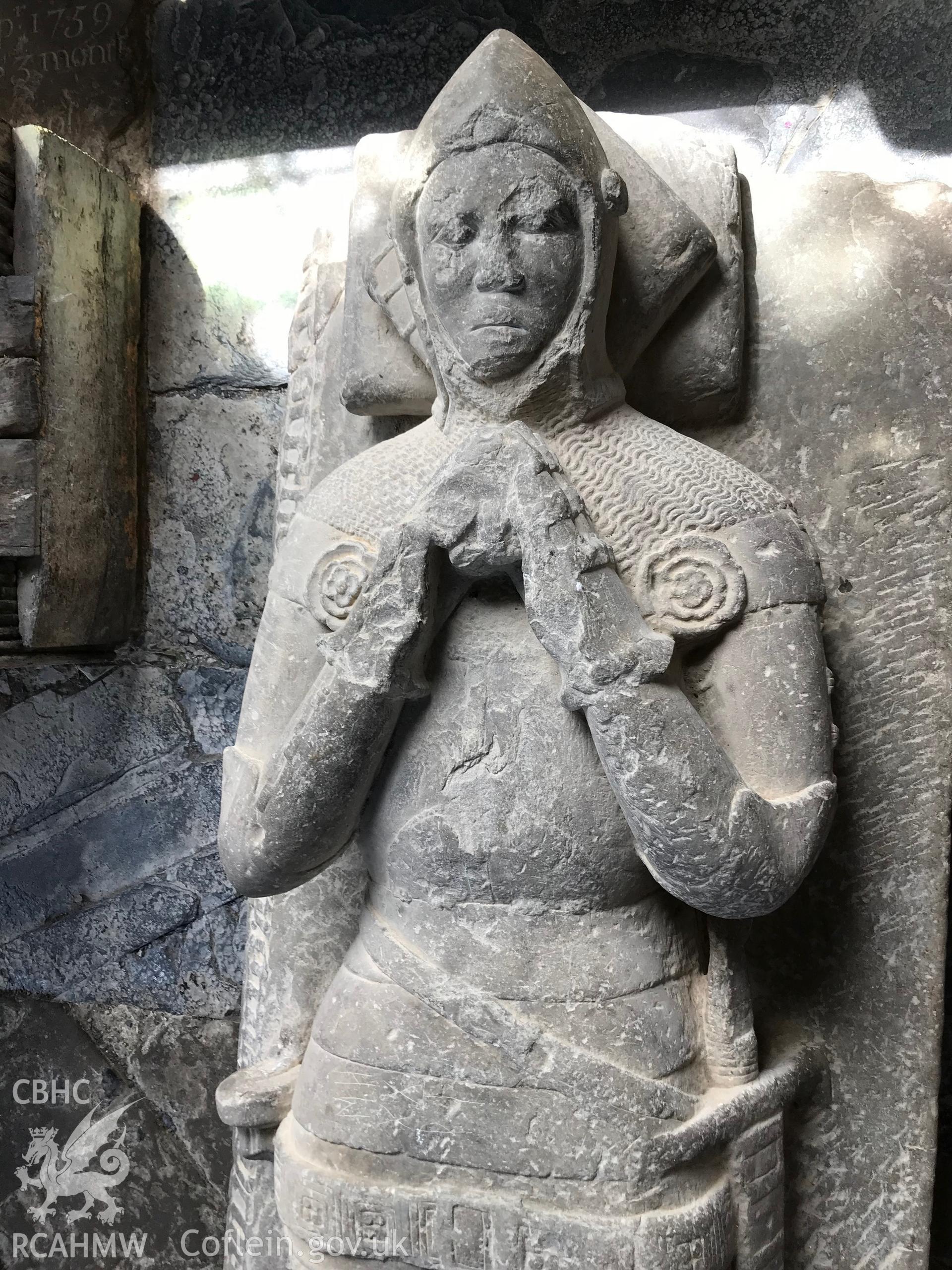 Colour photo showing carved stone figure at St. Grwst's Church, Llanrwst, taken by Paul R. Davis, 23rd June 2018.