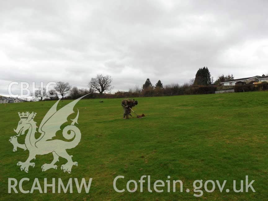 Digital colour photograph of archaeological investigations at Grosmont battlefield. From report no. 1049 - Grosmont battlefield, part of the Welsh Battlefield Metal Detector Survey, carried out by Archaeology Wales.