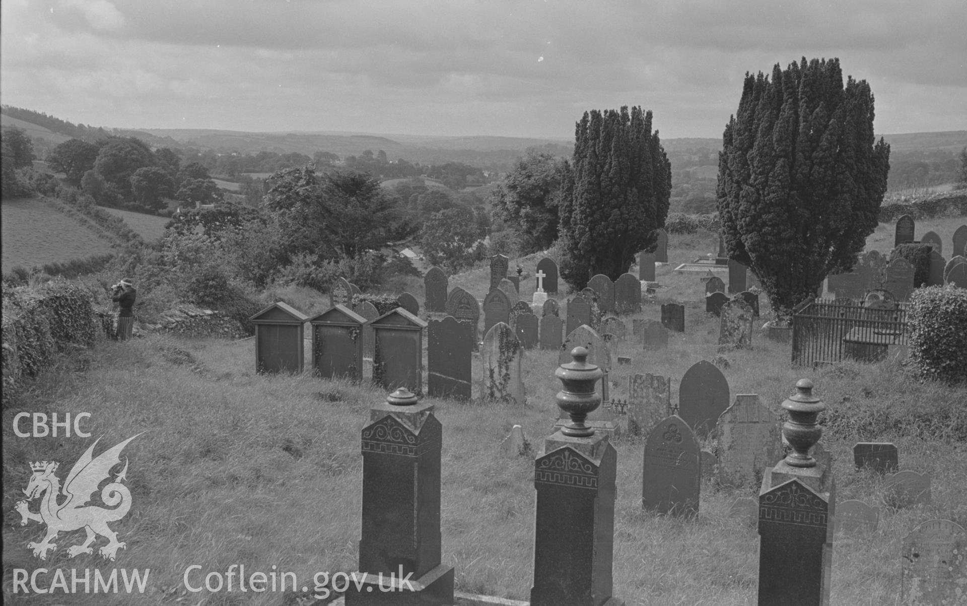 Digital copy of black & white negative showing view down Teifi valley to Llanybydder from the graveyard at St. Patrick's church, Pencarreg, Lampeter. Photographed in September 1963 by Arthur O. Chater, from Grid Reference SN 535 450, looking south west.