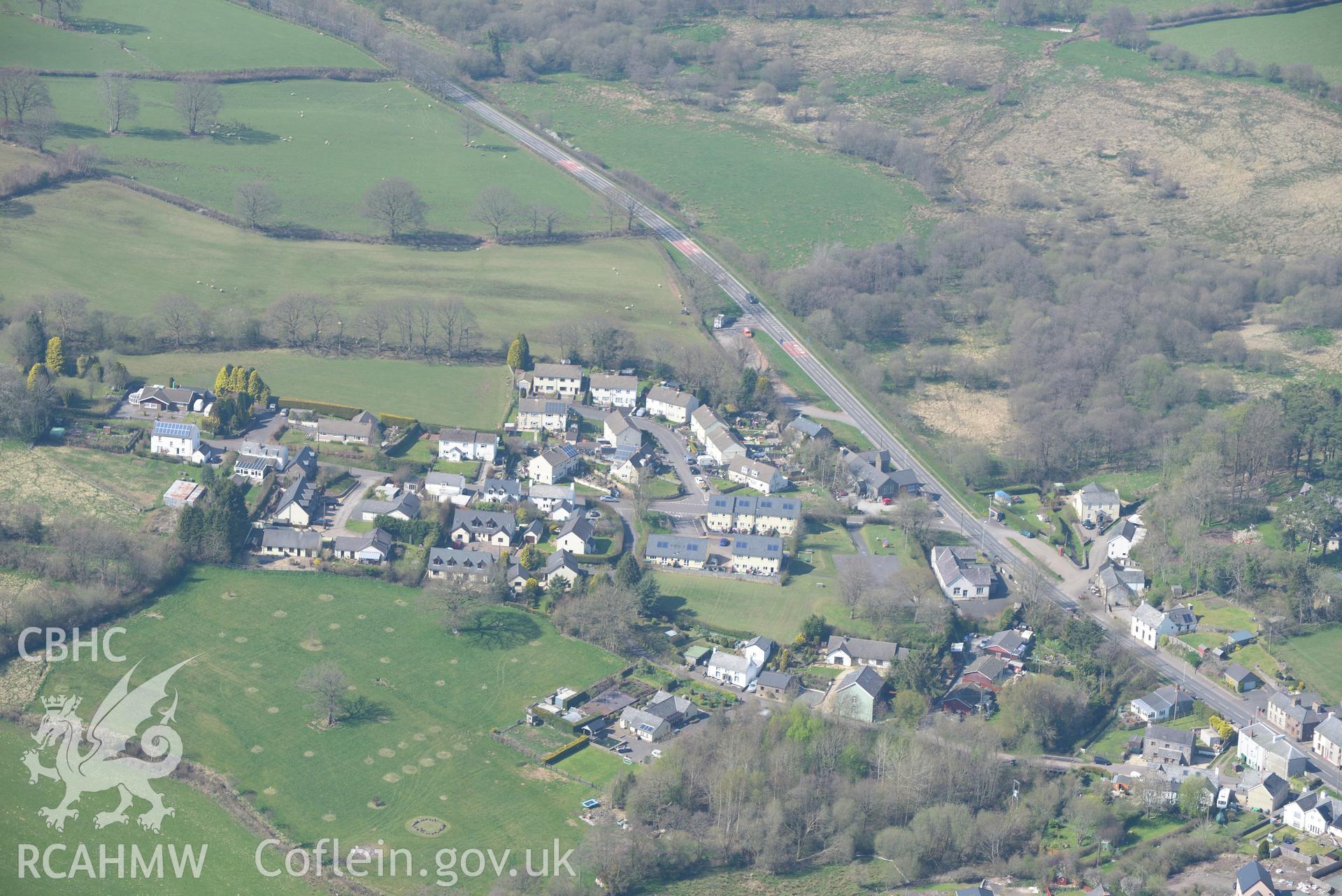 Trecastle Village, former National School and Zoar Independent Chapel. Oblique aerial photograph taken during the Royal Commission's programme of archaeological aerial reconnaissance by Toby Driver on 21st April 2015