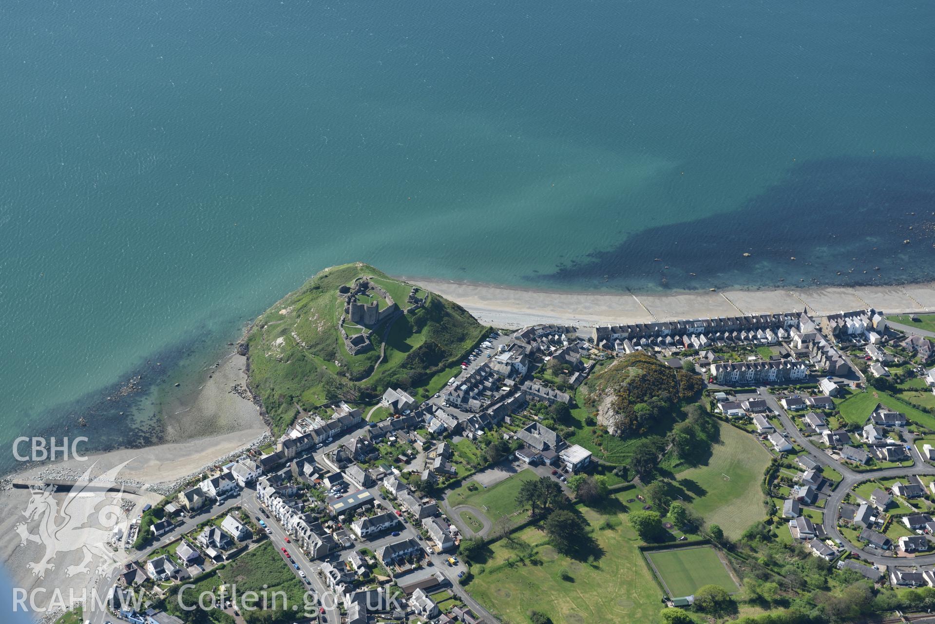 Aerial photography of Criccieth and its castle taken on 3rd May 2017.  Baseline aerial reconnaissance survey for the CHERISH Project. ? Crown: CHERISH PROJECT 2017. Produced with EU funds through the Ireland Wales Co-operation Programme 2014-2020. All ma