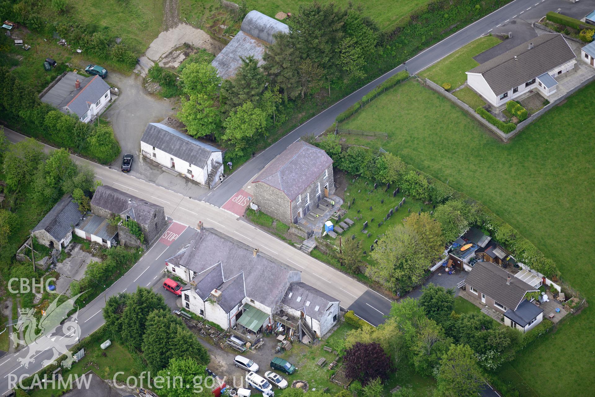 The village of Rhydowen, showing Yr Hen Gapel; Allyrodyn Arms and Alltyrodyn Arms pigsty and stable. Oblique aerial photograph taken during the Royal Commission's programme of archaeological aerial reconnaissance by Toby Driver on 3rd June 2015.