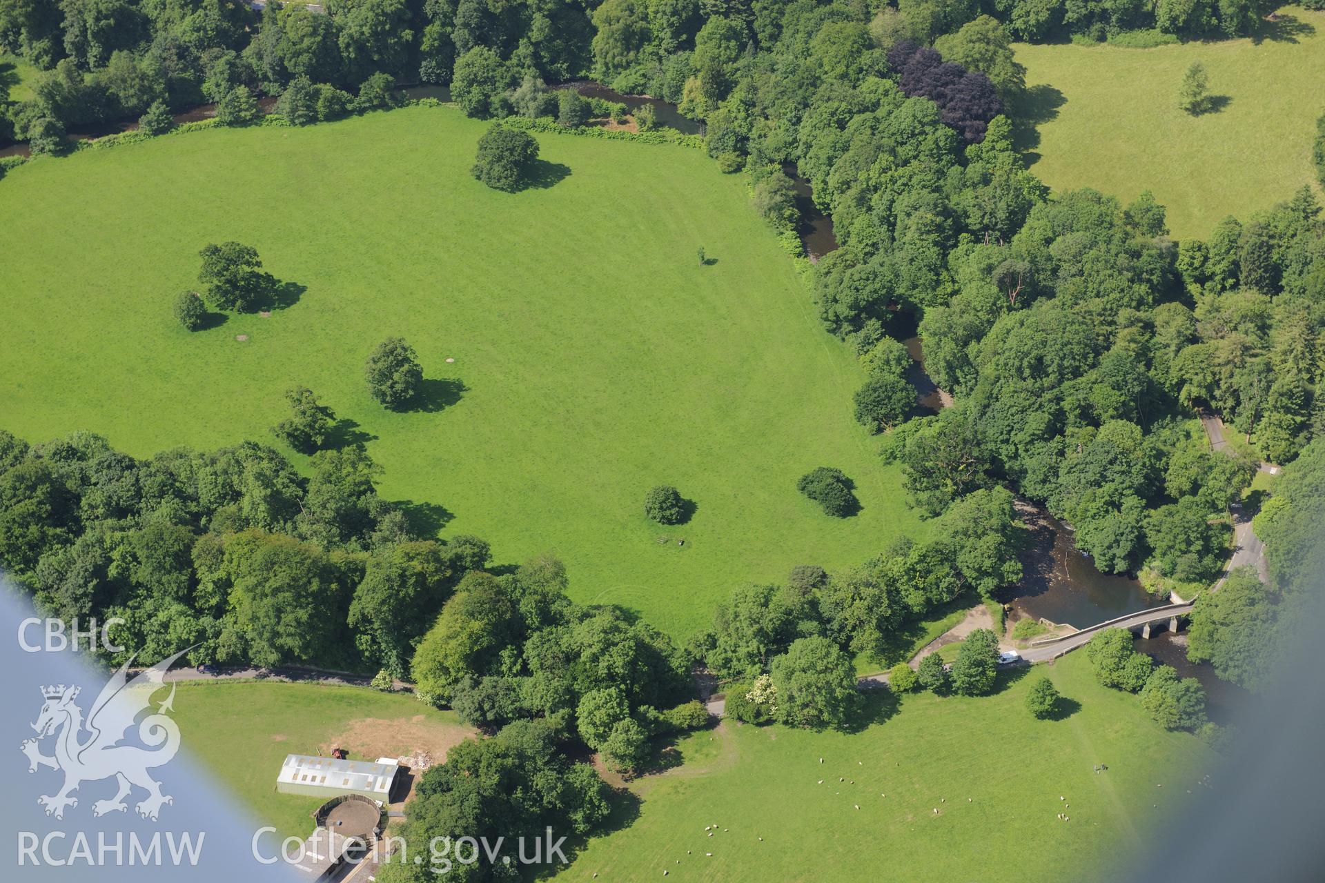 New Inn dipping bridge, Bridgend. Oblique aerial photograph taken during the Royal Commission's programme of archaeological aerial reconnaissance by Toby Driver on 19th June 2015.