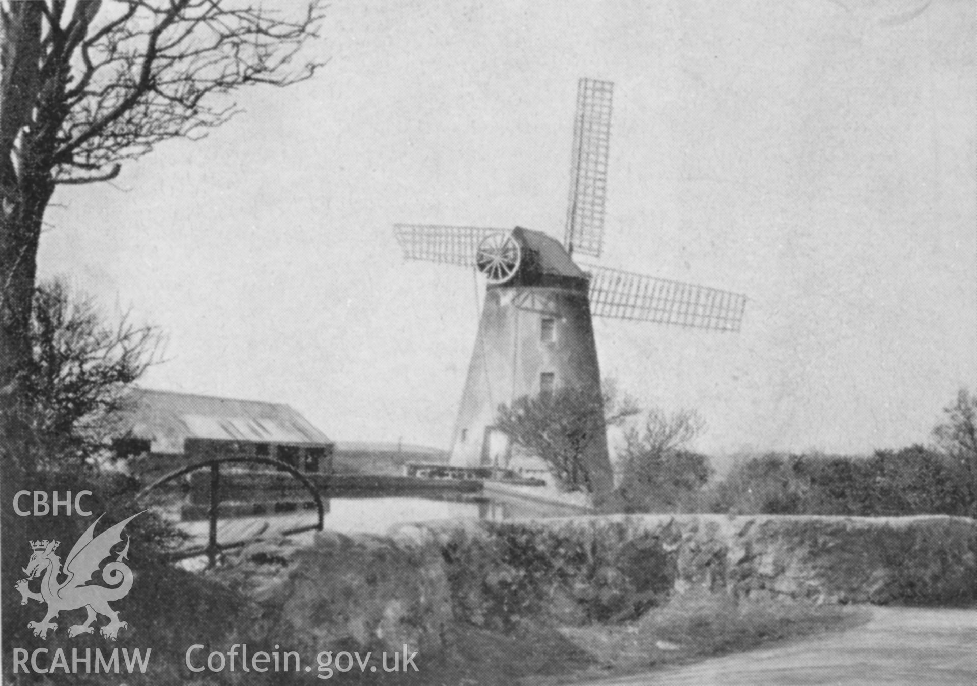 Digital copy of a photo from the Rex Wailes Collection showing view of Melin y Bont Windmill.