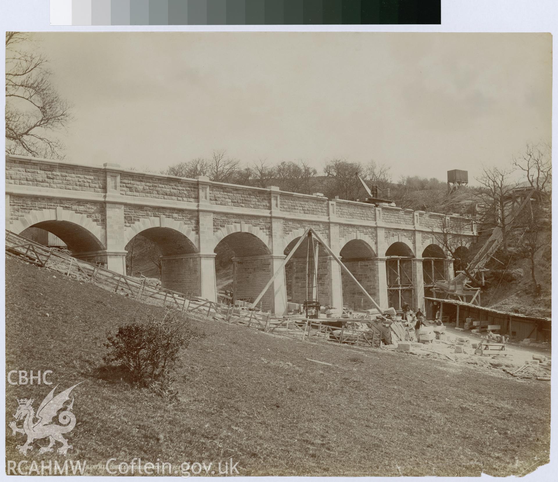 Digital copy of an albumen print from Edward Hubbard Collection showing the south facing of the Nantmel Dingle Crossing aqueduct, taken May 1899.