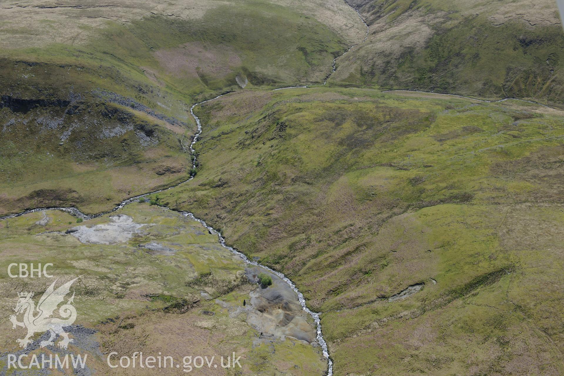 Dalrhiw lead mine and Nantycar copper and lead mine. Oblique aerial photograph taken during the Royal Commission's programme of archaeological aerial reconnaissance by Toby Driver on 3rd June 2015.