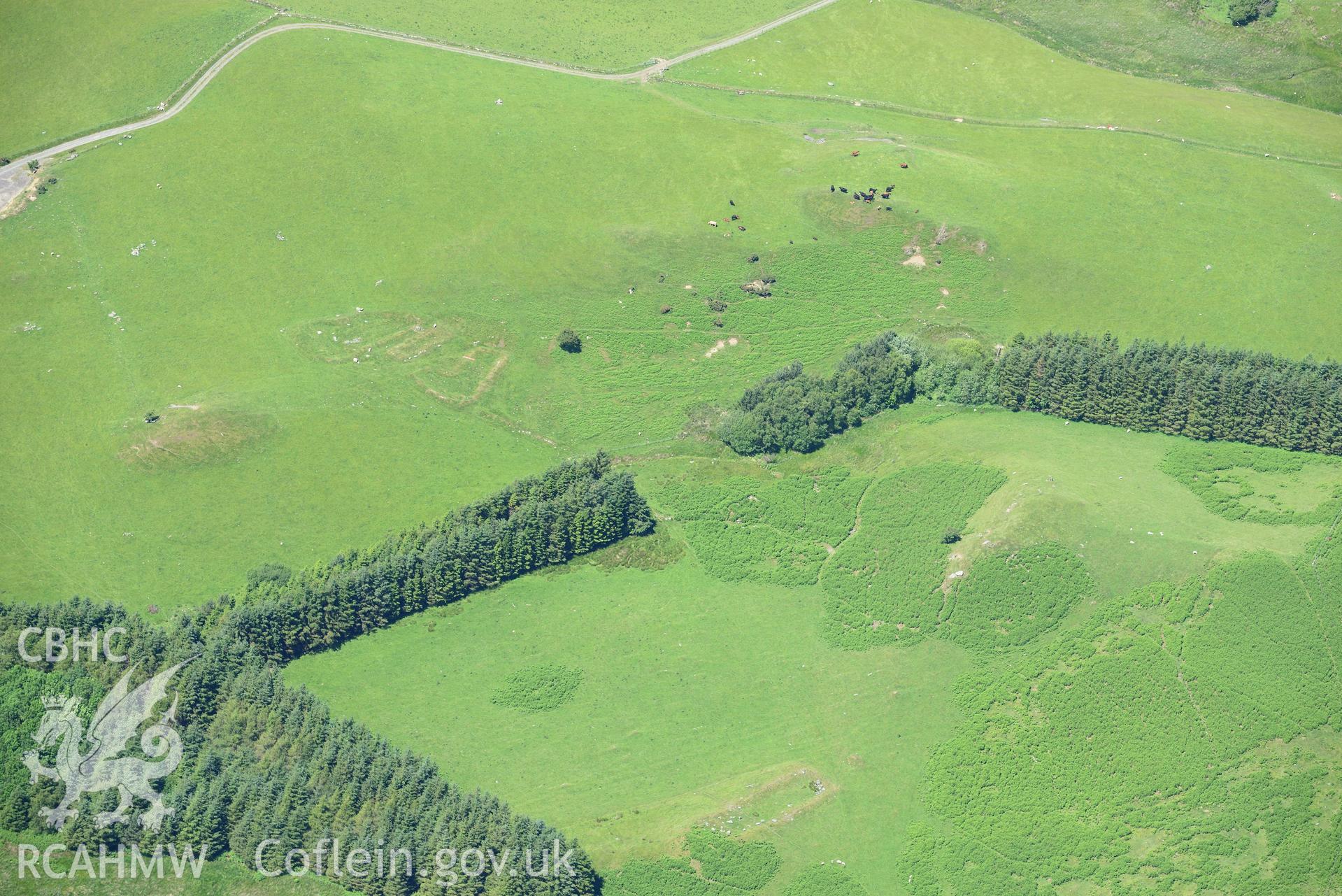 Penlanscubor farmstead and sheepcote at Troed y Rhiw, south east of Pontrhydfendigaid. Oblique aerial photograph taken during the Royal Commission's programme of archaeological aerial reconnaissance by Toby Driver on 30th June 2015.