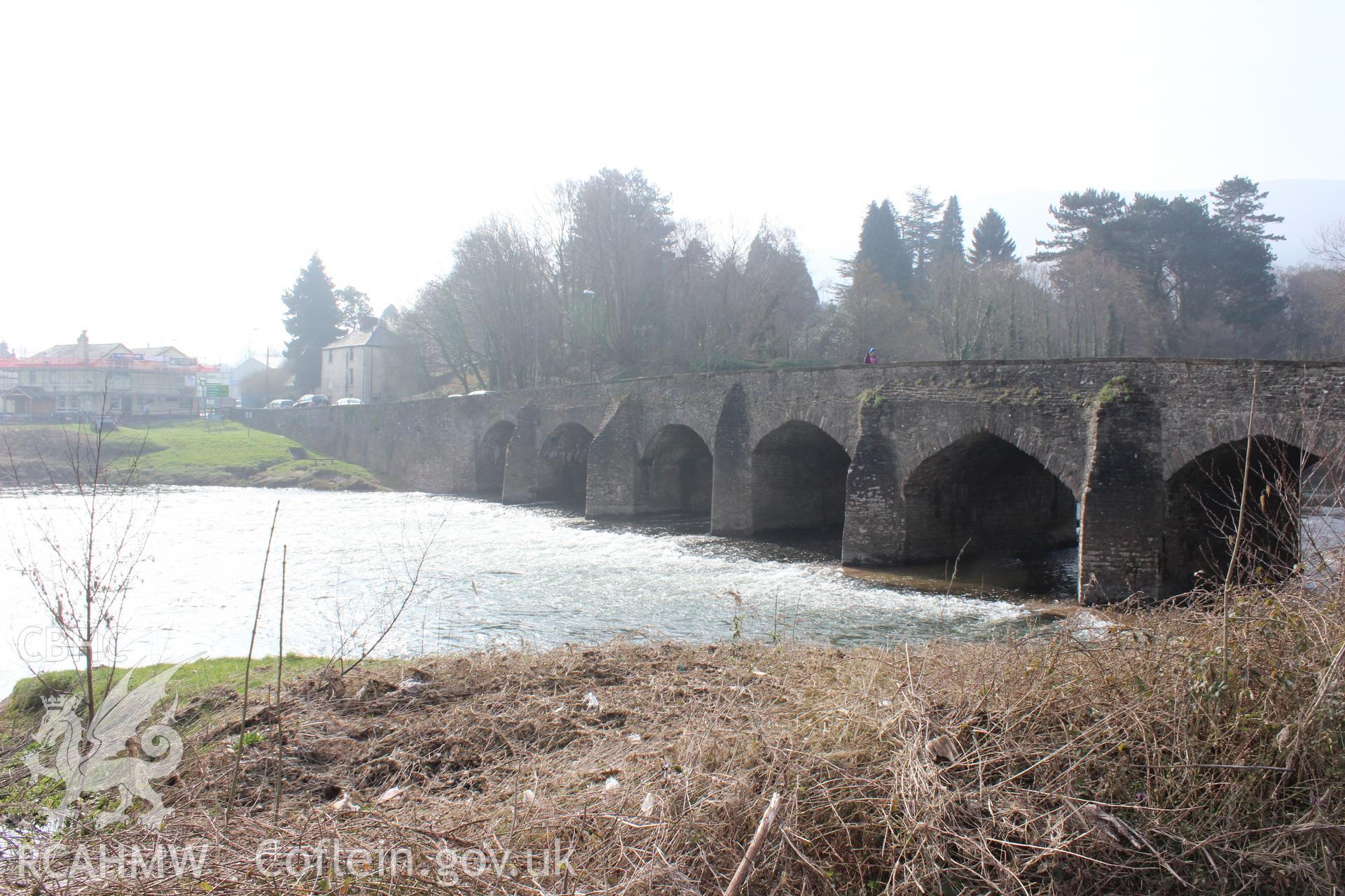 Usk road bridge, Abergavenny. Photographed on site visit for archaeological desk based assessment of the proposed Eisteddfod Site at Castle Meadows and Llanfoist, Abergavenny, carried out by Archaeology Wales, 2014.